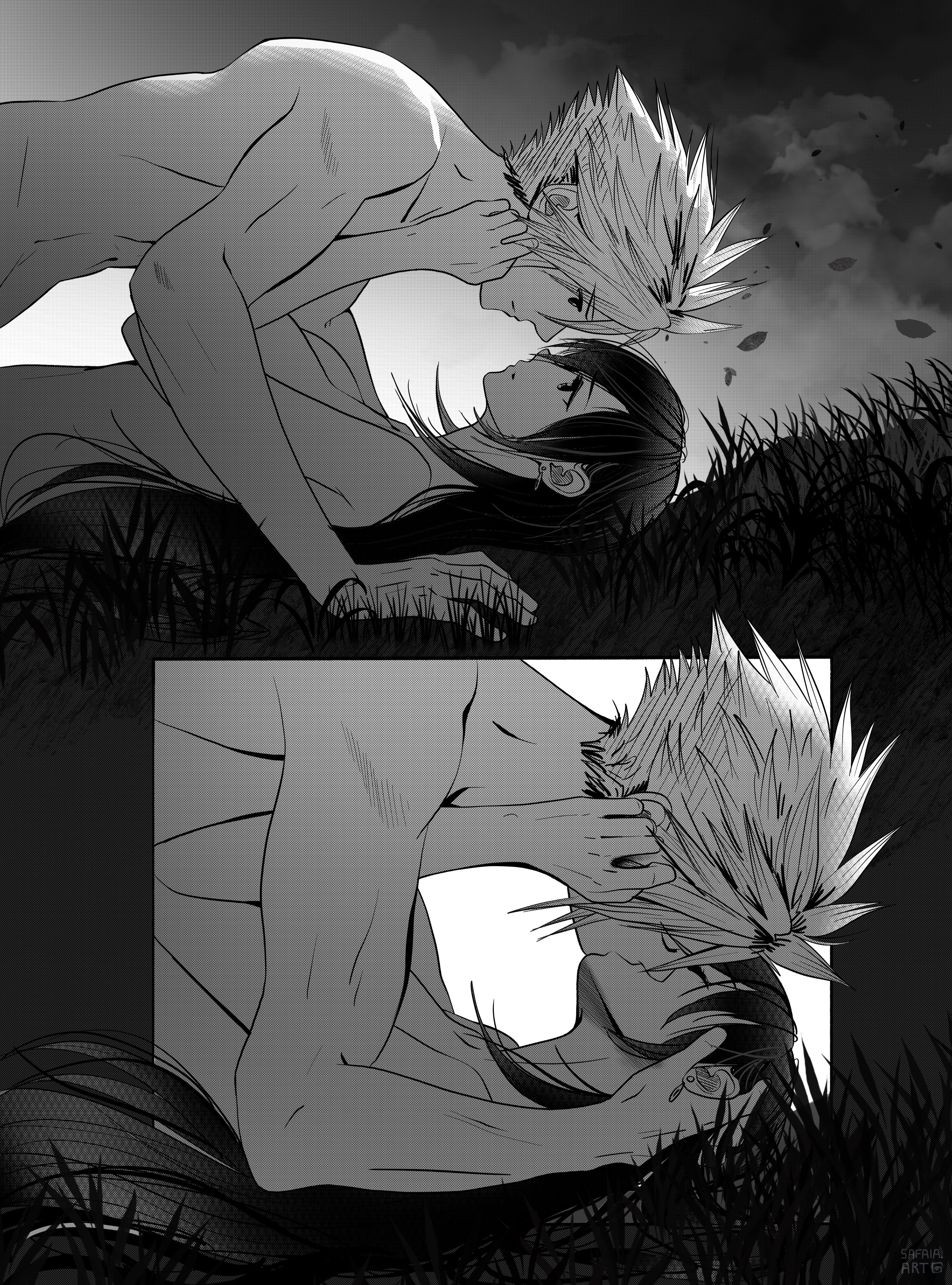 1boy, 1girls, 2d, after sex, aroused, big breasts, blonde hair, breasts, cloud strife, completely nude, couple, female, final fantasy, final fantasy vii, final fantasy vii remake, happy sex, human, kissing, kissing while penetrated, large breasts, light skin, light-skinned female, looking at another, looking at partner, looking pleasured, love, making love, male, missionary, missionary position, night, nude, on back, pleasure face, pussy, romantic, romantic couple, safaiaart, sex, tifa lockhart, vaginal penetration, vaginal sex, wholesome, wholesome sex