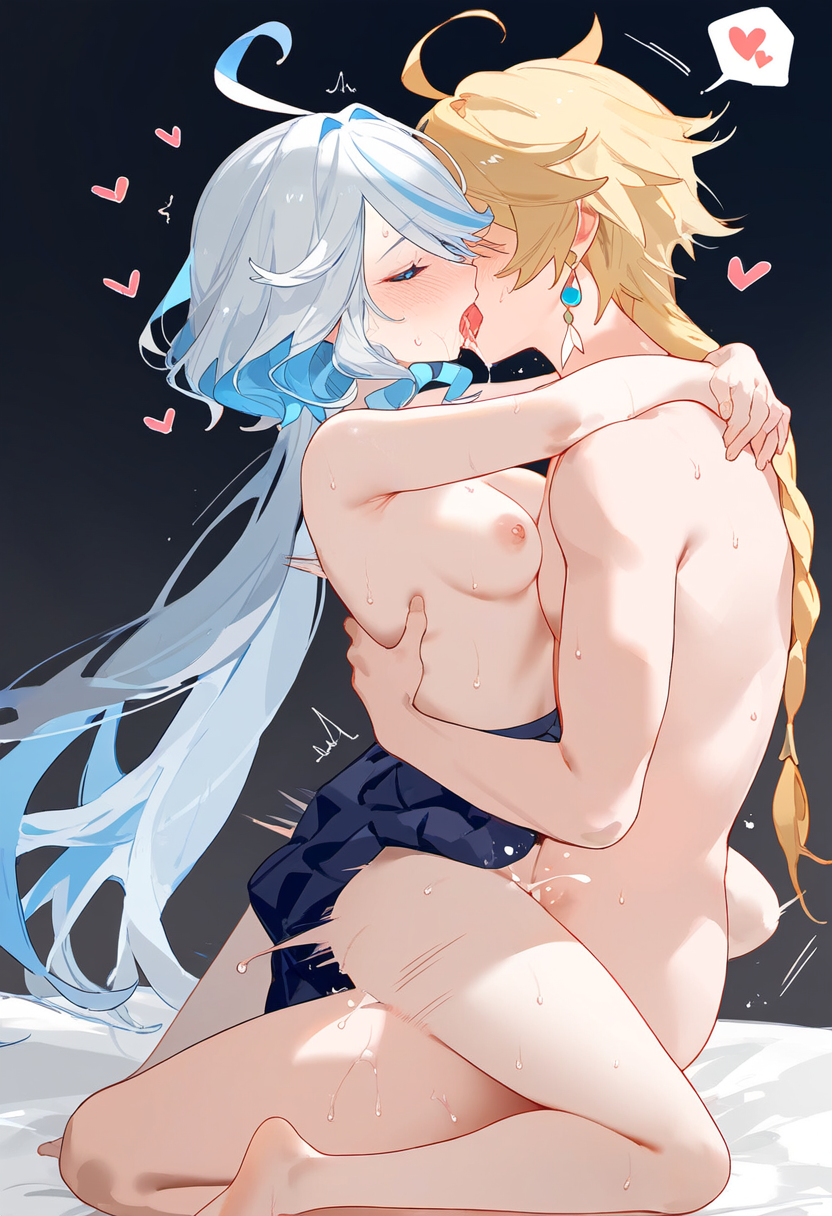 1boy, 1girls, aether (genshin impact), ai generated, female, furina (genshin impact), genshin impact, long hair, male, mihoyo, pleasure face, sex, straight