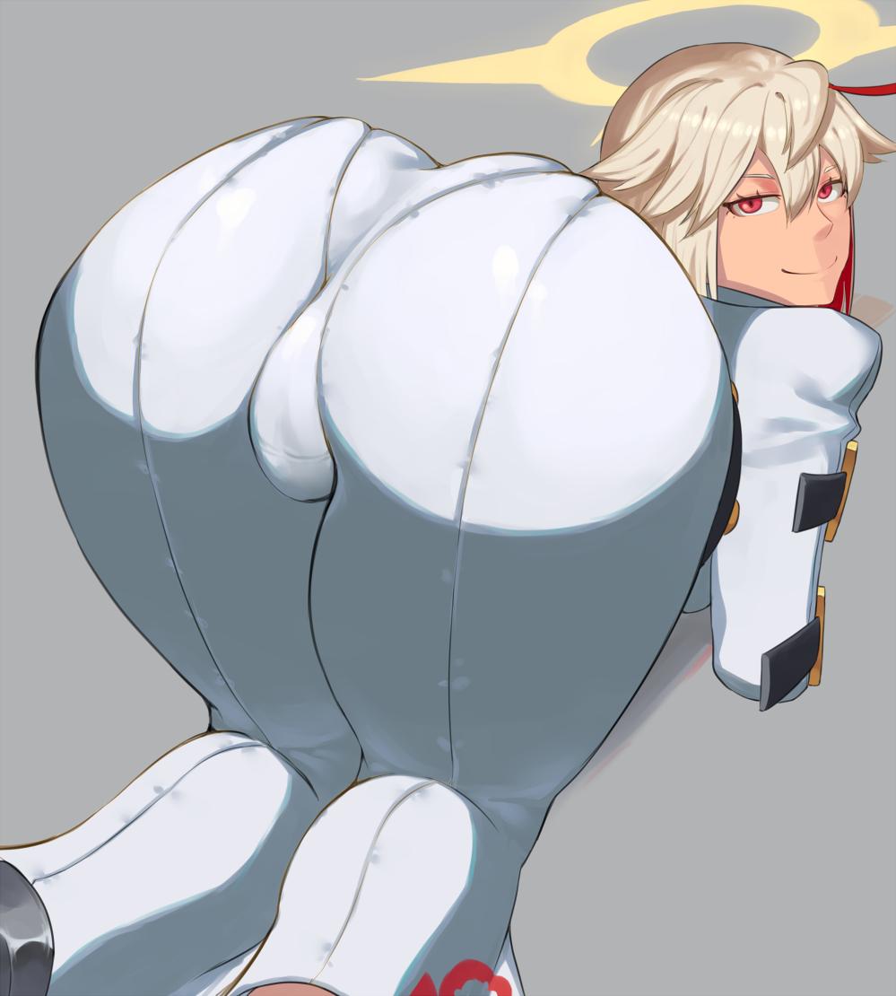 1girls, 2019, ass, ass up, bent over, big ass, bodysuit, female, female only, guilty gear, guilty gear xrd, halo, jack-o' valentine, light skin, light-skinned female, looking at viewer, multicolored hair, red eyes, red hair, seductive, smile, solo, tight clothing, white hair, wide hips