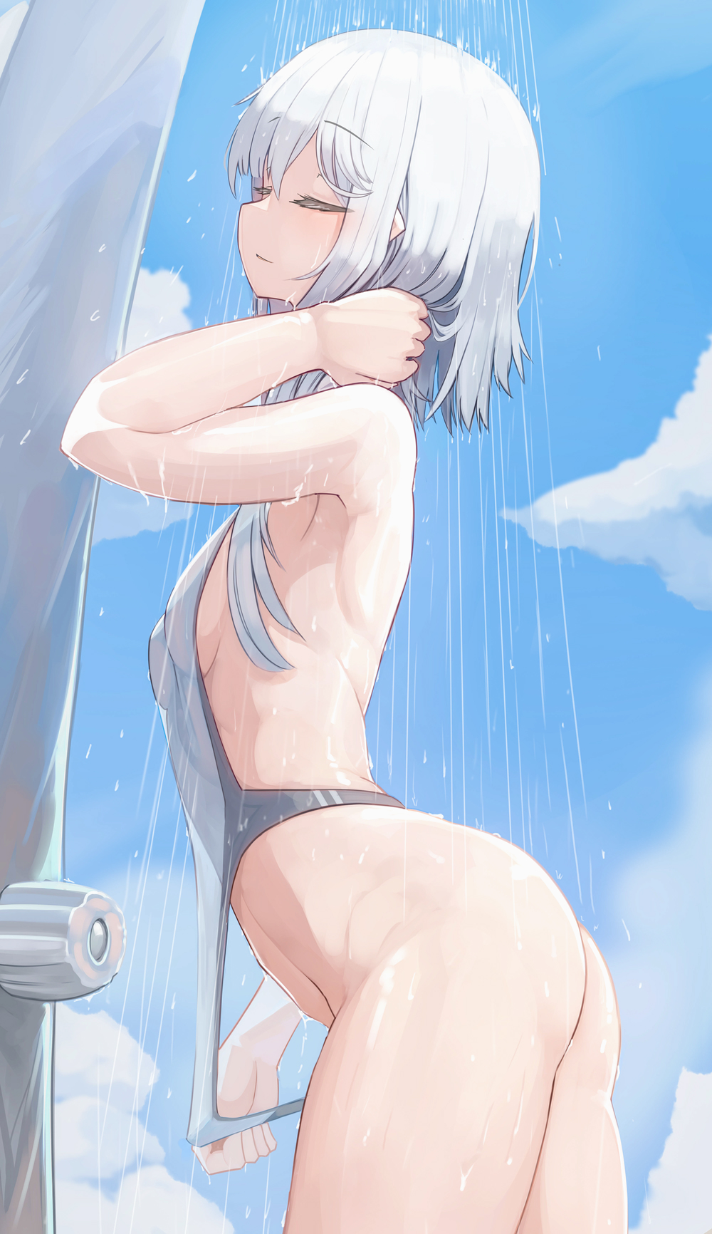 bare ass, bare legs, bare thighs, beach, blue sky, breast squeeze, breast squish, breasts, closed eyes, clouds, female, genek, leaning forward, one piece swimsuit, pool, see-through, see-through clothing, see-through swimsuit, showering, side view, sideboob, slim waist, small breasts, swimsuit, swimsuit pull, teenager, wet, wet body, wet clothes, wet skin