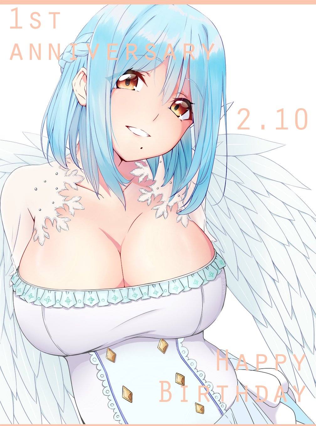 32._(32_sats) anniversary bare_shoulders blue_hair blush braid breasts cleavage commentary dress feathered_wings female french_braid grin happy_birthday highres large_breasts light_blue_hair looking_at_viewer moira_(nijisanji) mole mole_on_breast mole_under_mouth nijisanji parted_lips see-through short_hair simple_background smile solo upper_body virtual_youtuber white_background white_dress wings yellow_eyes