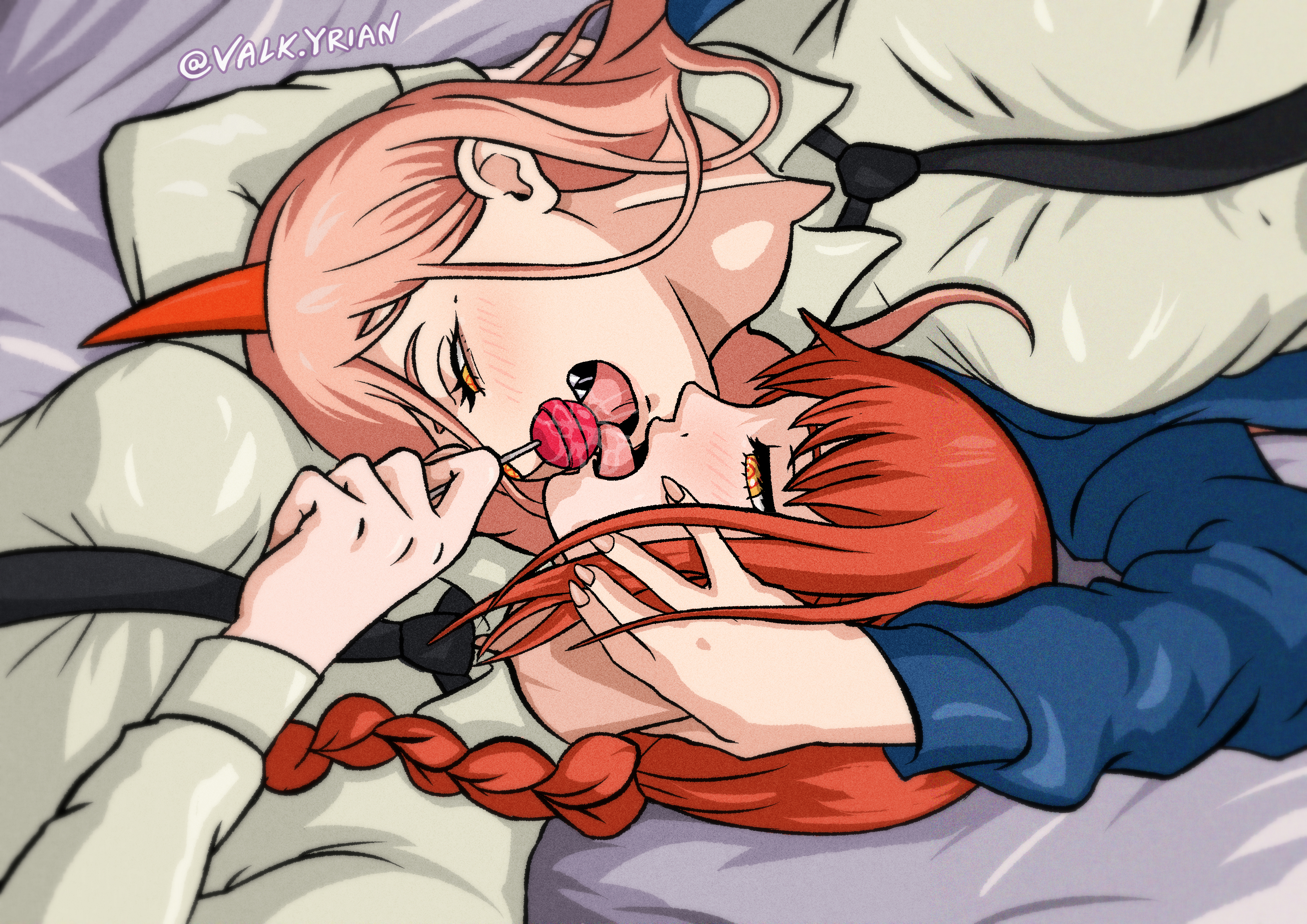 big breasts, breasts, chainsaw man, clothed, clothed female, clothing, demon, demon girl, female, female only, french kiss, horns, kiss, kissing, lesbian, lollipop, makima (chainsaw man), on bed, pink hair, power (chainsaw man), red hair, saliva, tagme, tie, tongue, tongue kiss, tongue out, valk yrian, yellow eyes, yuri