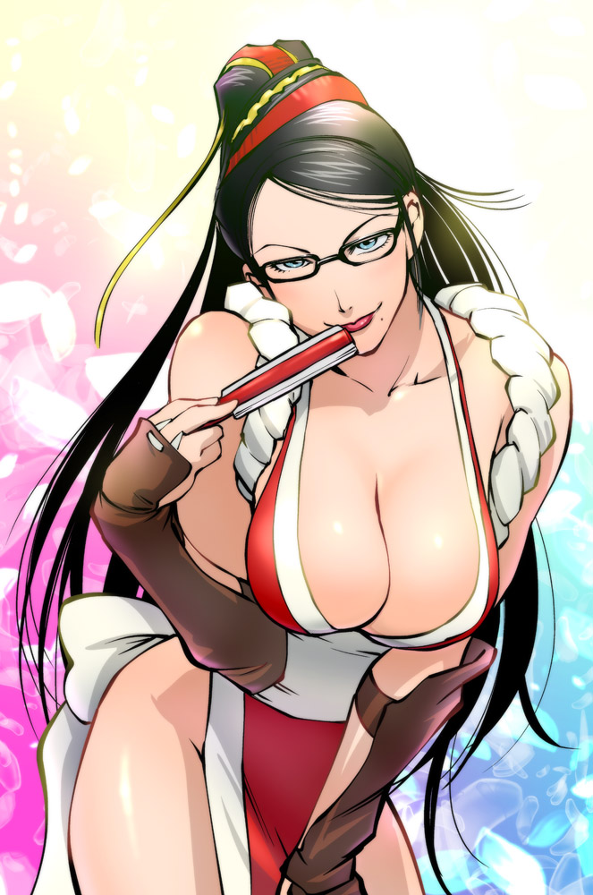 10s 1girls 2010 abstract_background arms bare_shoulders bayonetta bayonetta_(character) bedroom_eyes black_hair blue_eyes breasts cherry_blossoms cleavage closed_fan collarbone colored_background cosplay fan fatal_fury female_focus female_only fingerless_gloves folding_fan glasses gloves hair_bun hair_ribbon hip_focus king_of_fighters large_breasts leaning_forward leaves lips lipstick long_hair looking_at_viewer mai_shiranui mai_shiranui_(cosplay) makeup mole mole_under_mouth naughty_face pelvic_curtain red_ribbon revealing_clothes ribbon seductive seductive_look seductive_smile shiny shiny_breasts shiny_skin smile snk solo thighs ueyama_michirou very_long_hair