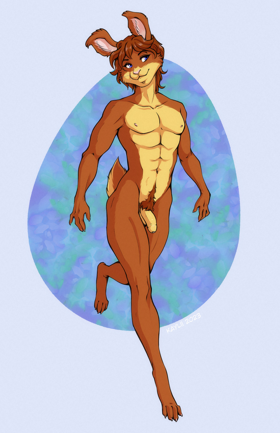 abs anthro athletic athletic_anthro athletic_male balls bedroom_eyes body_hair brown_body brown_fur brown_hair cheek_tuft facial_tuft flaccid foreskin fur genitals hair half-closed_eyes happy_trail hi_res humanoid_genitalia humanoid_penis kaylii lagomorph leporid male mammal multicolored_body multicolored_fur muscle_tone narrowed_eyes nude pecs penis pubes rabbit seductive simple_background smile solo tan_body tan_fur tuft two_tone_body two_tone_fur