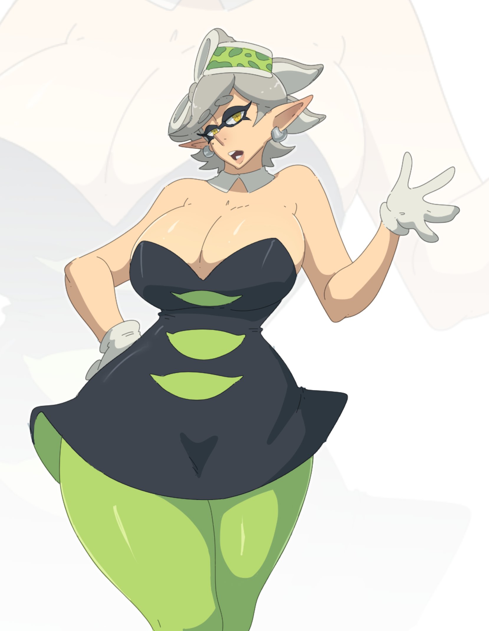 1girls, breasts, cleavage, detached collar, earrings, female, female only, gloves, hand on hip, hand on own hip, inkling, inkling girl, large breasts, leedraw11, looking at viewer, marie (splatoon), mole, mole under eye, nintendo, open mouth, pointy ears, short hair, solo, solo female, solo focus, splatoon, splatoon (series), squid sisters, tentacle hair, white gloves, yellow eyes