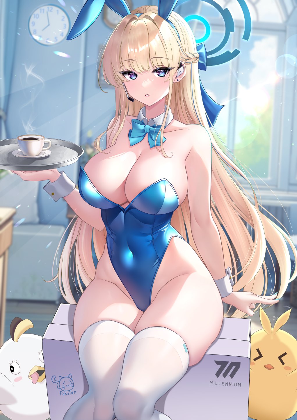 1girls 2020s 2023 2d 2d_(artwork) big_breasts big_thighs blonde_hair blue_archive blue_eyes blue_leotard bowtie breasts bunny_costume bunny_ears bunnysuit child_bearing_hips cleavage coffee female female_focus female_only halo heart_eyes hi_res highres hips indoors large_breasts large_thighs leotard light-skinned_female light_skin microphone millennium_science_school_logo_(blue_archive) millennium_science_school_student navel peroro_(blue_archive) playboy_bunny sitting skindentation socks solo solo_focus studiopokotan thick_thighs thigh_socks thighhighs thighs toki_(blue_archive) toki_(bunny)_(blue_archive) white_socks white_thighhighs wide_hips