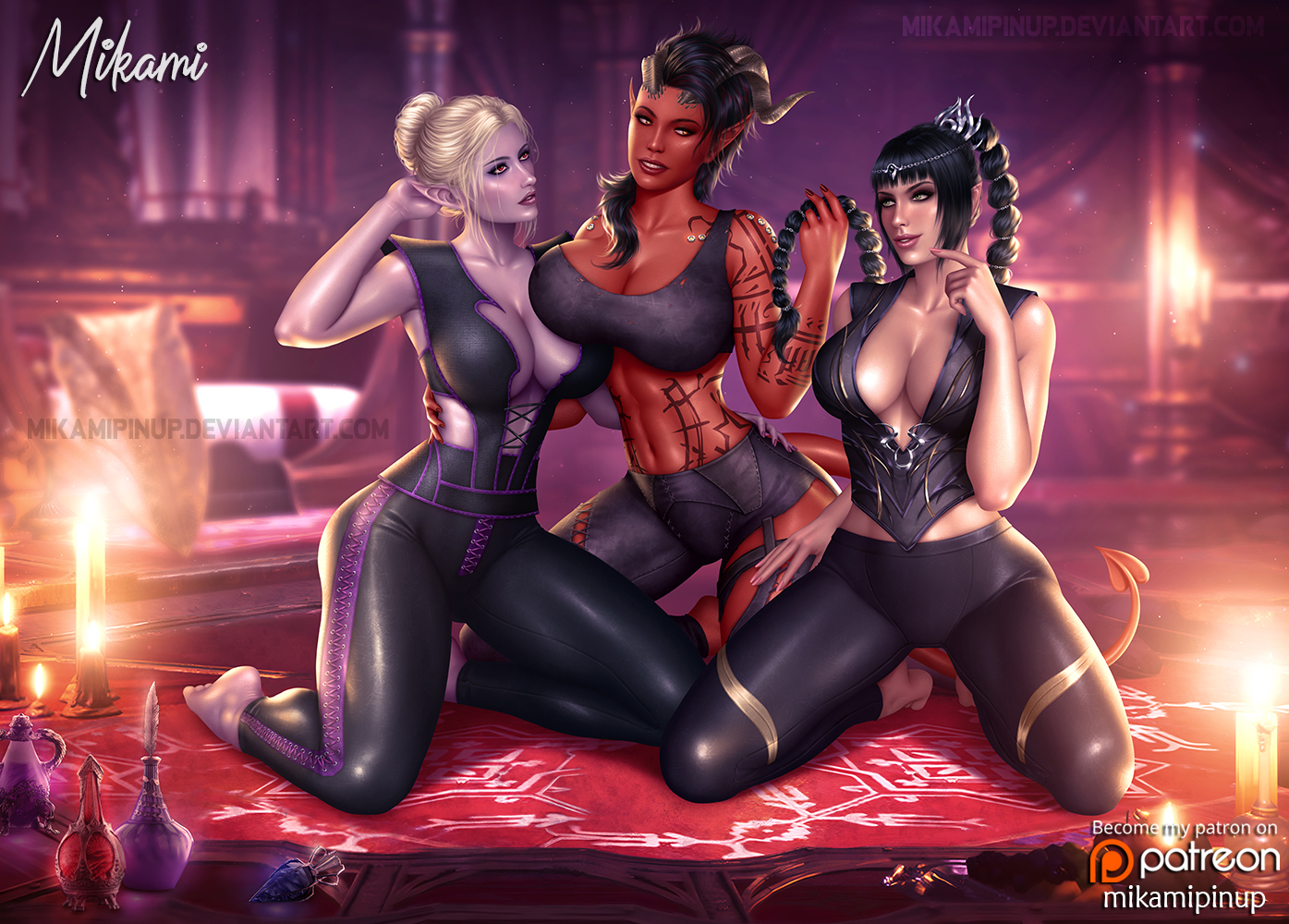 3girls, ass, athletic, athletic female, baldur's gate, baldur's gate 3, big ass, big breasts, bottom heavy, breasts, bust, busty, chest, cleavage, curvaceous, curvy, curvy figure, digital media (artwork), drow, dungeons and dragons, elf, elf ears, elf female, elf girl, eyebrows, eyelashes, eyes, female, female only, fit, fit female, forgotten realms, half-elf, hips, hourglass figure, huge ass, huge breasts, humanoid, karlach, large ass, large breasts, legs, light skin, light-skinned female, mature, mature female, mikamipinup, minthara, multiple females, multiple girls, red body, red skin, red-skinned female, shadowheart, sketch page, slim waist, thick, thick hips, thick legs, thick thighs, thighs, tiefling, top heavy, top heavy breasts, voluptuous, voluptuous female, waist, wide hips, wide thighs, yuri