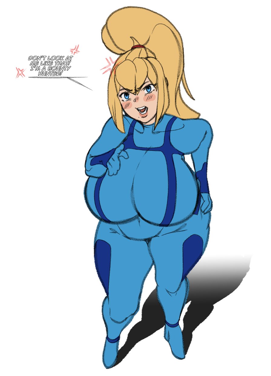 1girls, big breasts, blonde hair, blue eyes, breasts, busty, curvaceous, curvy, curvy body, curvy female, curvy figure, english, english text, female, high ponytail, huge breasts, large breasts, metroid, ponytail, samus aran, shortstack, text, the varking, voluptuous, zero suit samus
