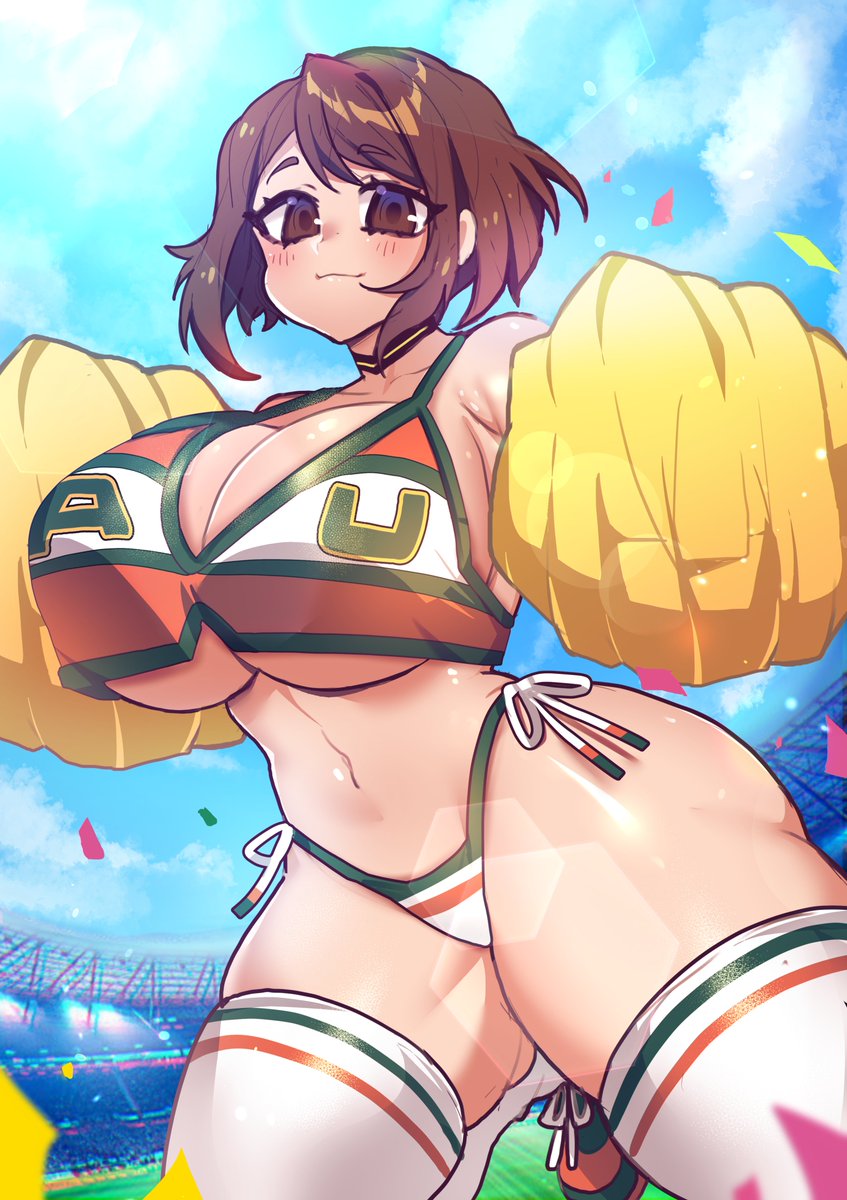 :3, bikini, bikini bottom, breasts, cheerleader, female, gradient, huge breasts, my hero academia, no pants, no skirt, ochako uraraka, osiimi, pom poms, revealing clothes, side-tie bikini, side-tie panties, skimpy, thick thighs, thighhighs, thighs, thong, wide hips