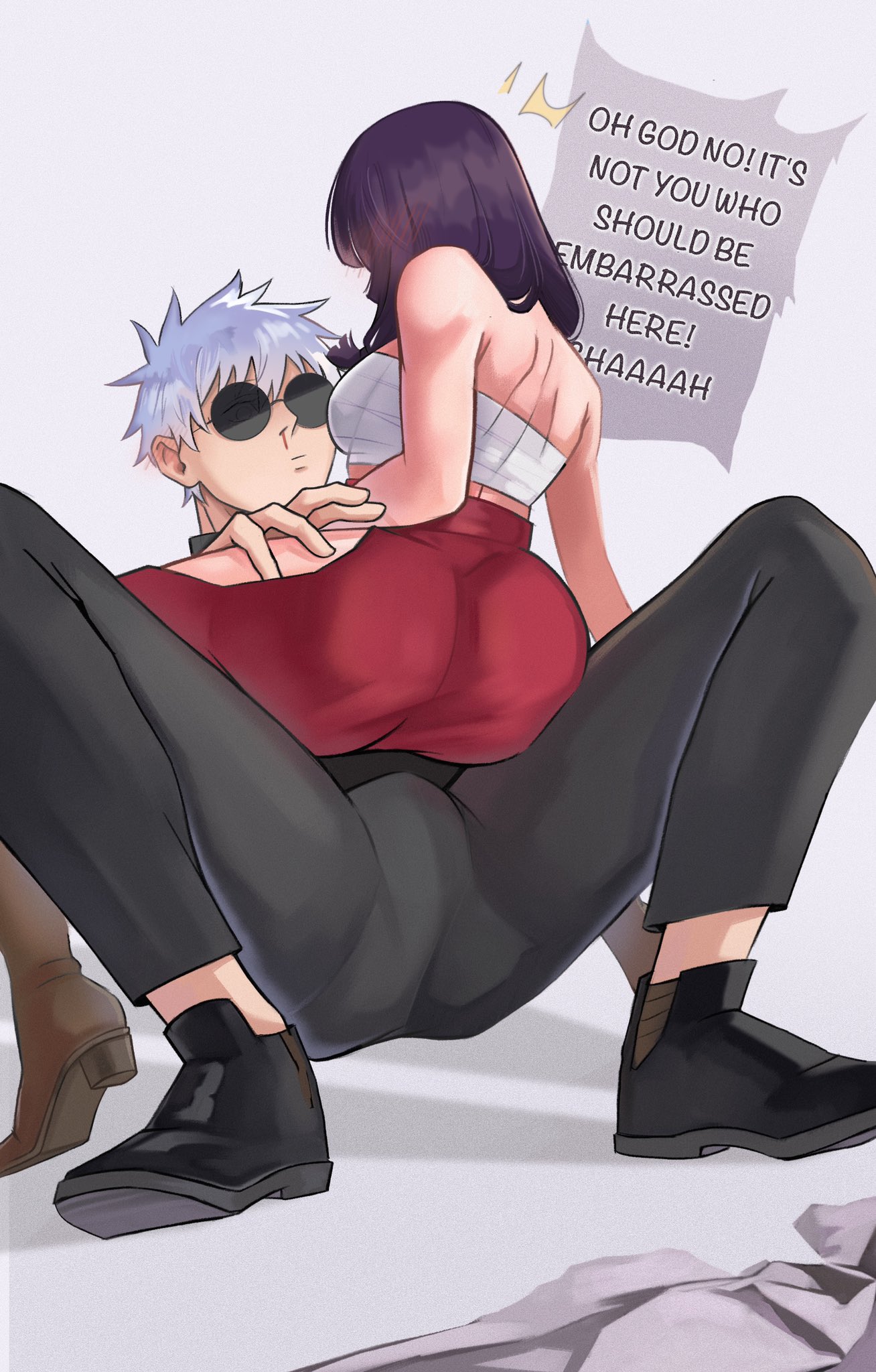 1boy, 1girls, 50gryvnia, blush, clothed, cowgirl position, female, glasses, jujutsu kaisen, long hair, male, satoru gojo, simple background, straight, text, utahime iori, white hair