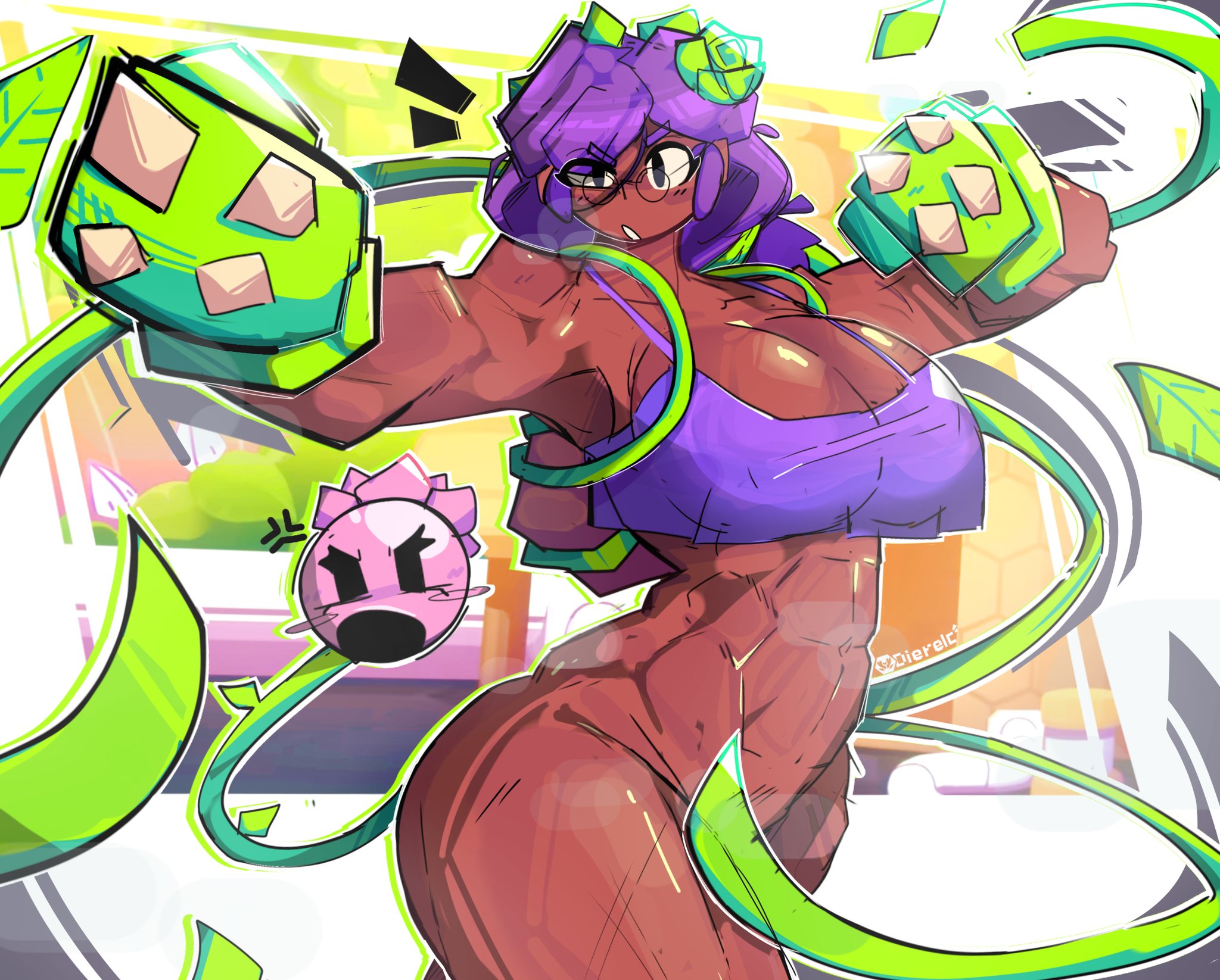 big breasts, brawl stars, breasts, convenient censoring, dark skin, dark-skinned female, dierelc, female, large breasts, rosa (brawl stars), tagme, thick thighs