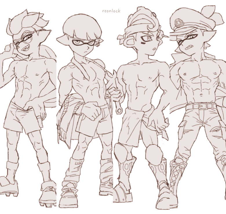 4boys abs inkling male_only muscular octoling reonlock splatoon white_background