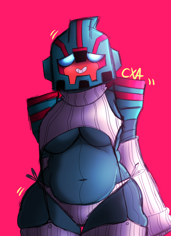 blush chromexorannex chubby_female cybertronian high_times meme_attire oc original_character ourobouro robot robot_girl thick_thighs thighhighs transformers tummy underboob virgin_destroyer_sweater virgin_killer_sweater white_sweater