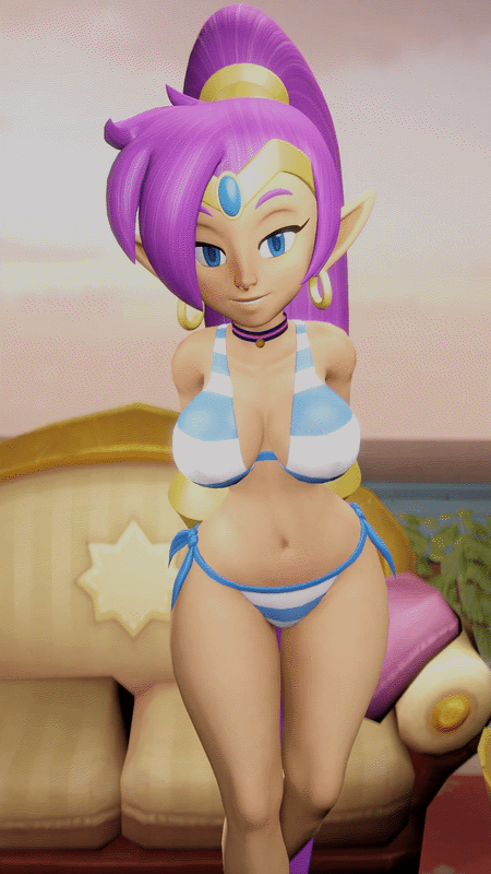 1girls, 3d, 9:16, animated, arms behind back, bikini, blue bikini, blue eyes, breasts, choker, cleavage, ear piercing, female, jewelry, large breasts, looking at viewer, navel, pointy ears, ponytail, purple hair, shantae, shantae (character), shimapan, side-tie bikini, smile, smooth skin, swinging breasts, tan skin, tan-skinned female, thighs, vertical video, wide hips