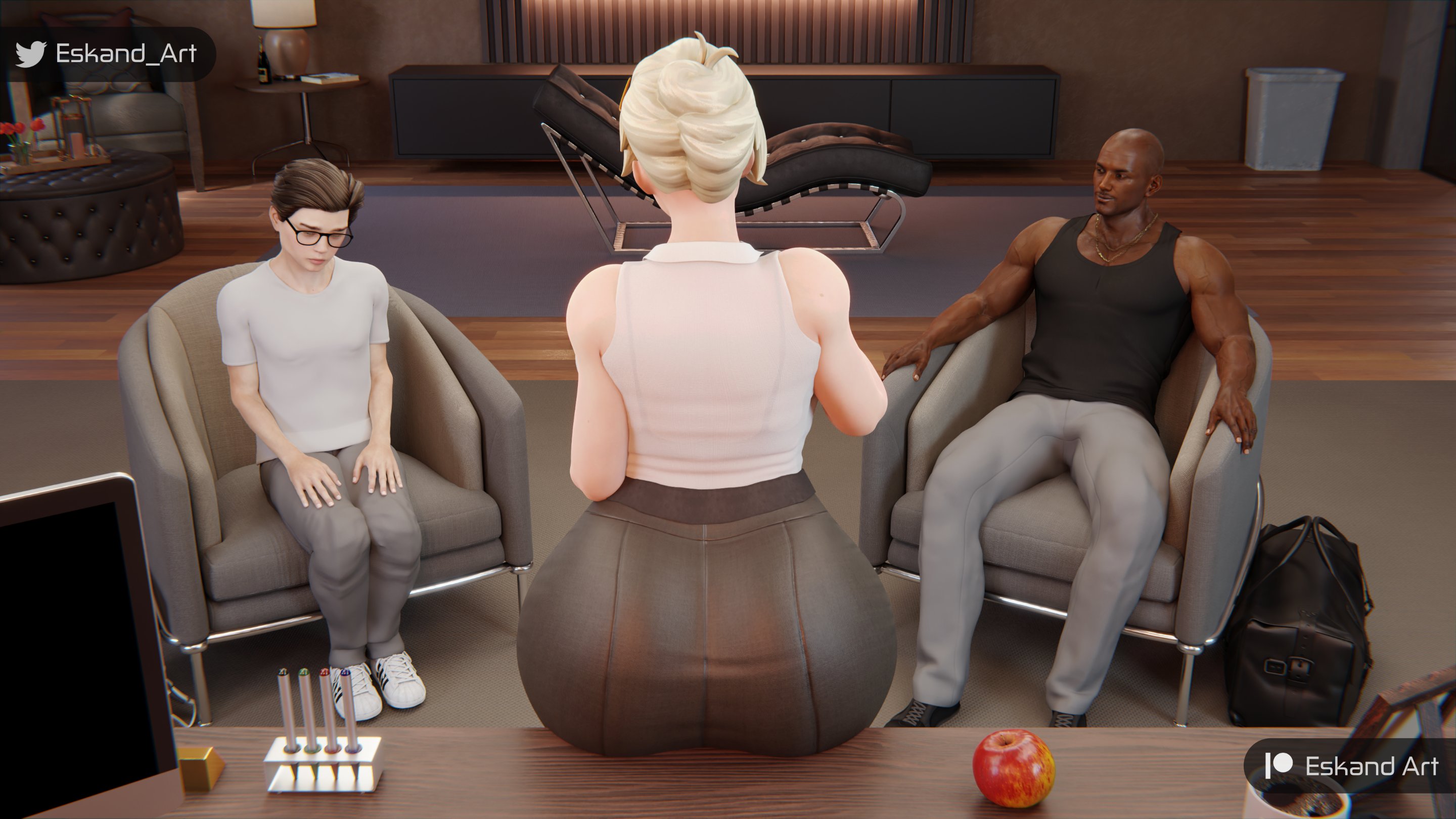 1boy, 1girls, 3d, ass, big ass, big breasts, big penis, blonde hair, breasts, bully, cheating, dark skin, dark-skinned male, eskandart, female, huge ass, male, mercy, nerd, netorare, overwatch, overwatch 2, penis, phone, school uniform, tagme, teacher