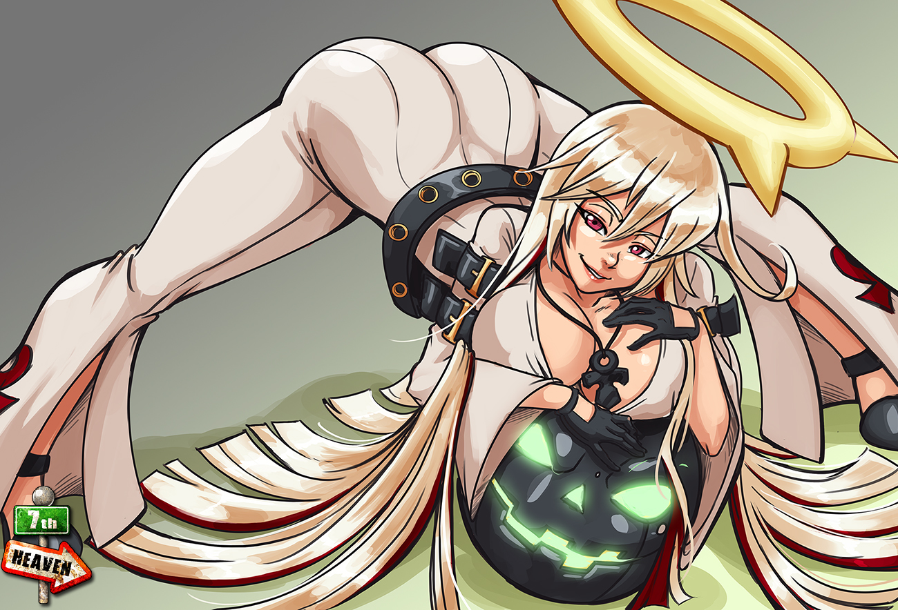 7th-heaven, ass, ass up, bodysuit, breasts, female, guilty gear, guilty gear xrd, halo, jack-o' valentine, multicolored hair, red eyes, seductive, smile, white hair