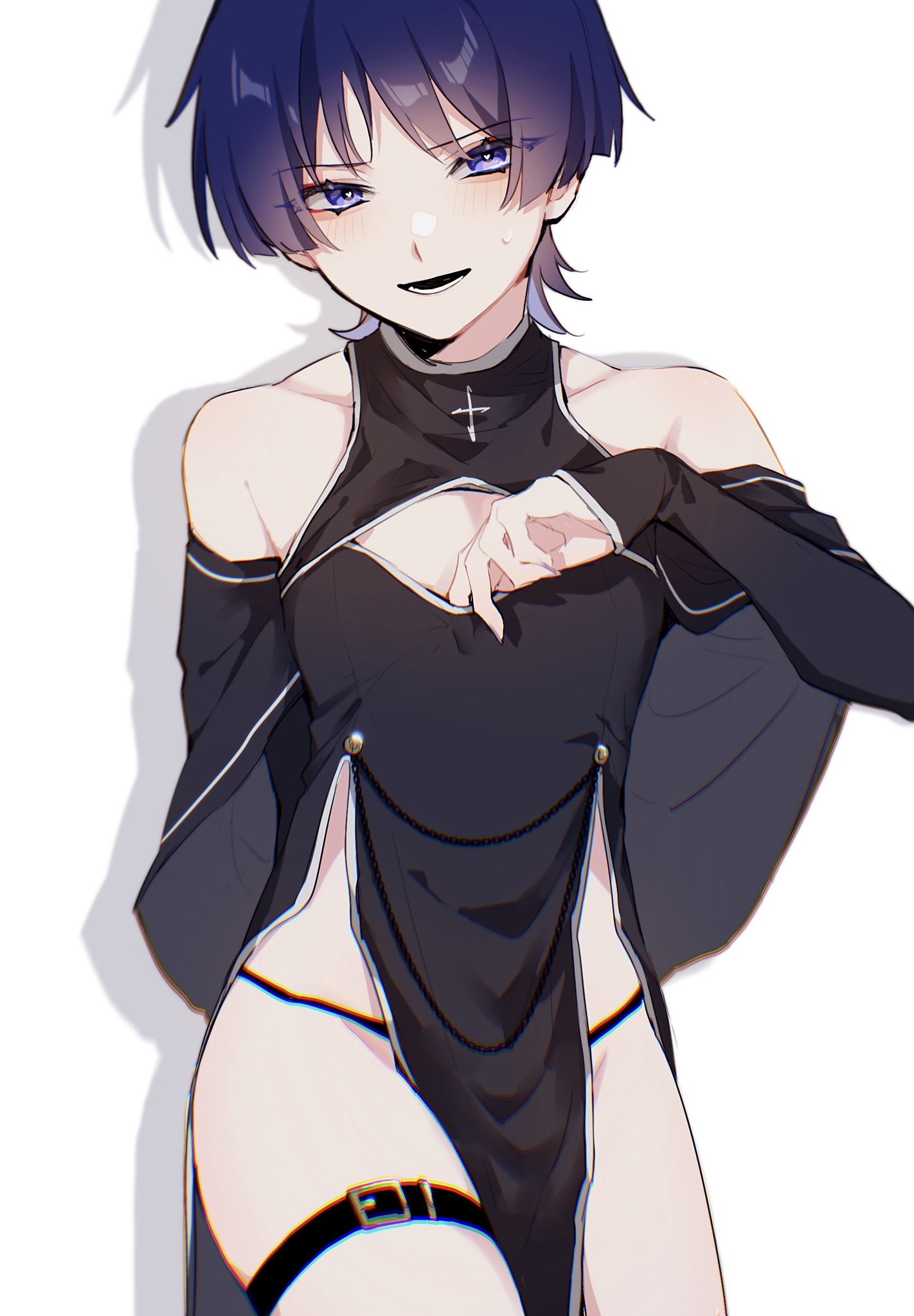 1boy, bare shoulders, blue eyes, blue hair, blush, crossdressing, femboy, g-string, genshin impact, human, human only, light skin, light-skinned femboy, light-skinned male, male, no background, otoko no ko, otokonoko, pelvic curtain, purple eyes, scaramouche (genshin impact), short hair, staring at viewer, thigh strap, thighs, trap, twink, white skin