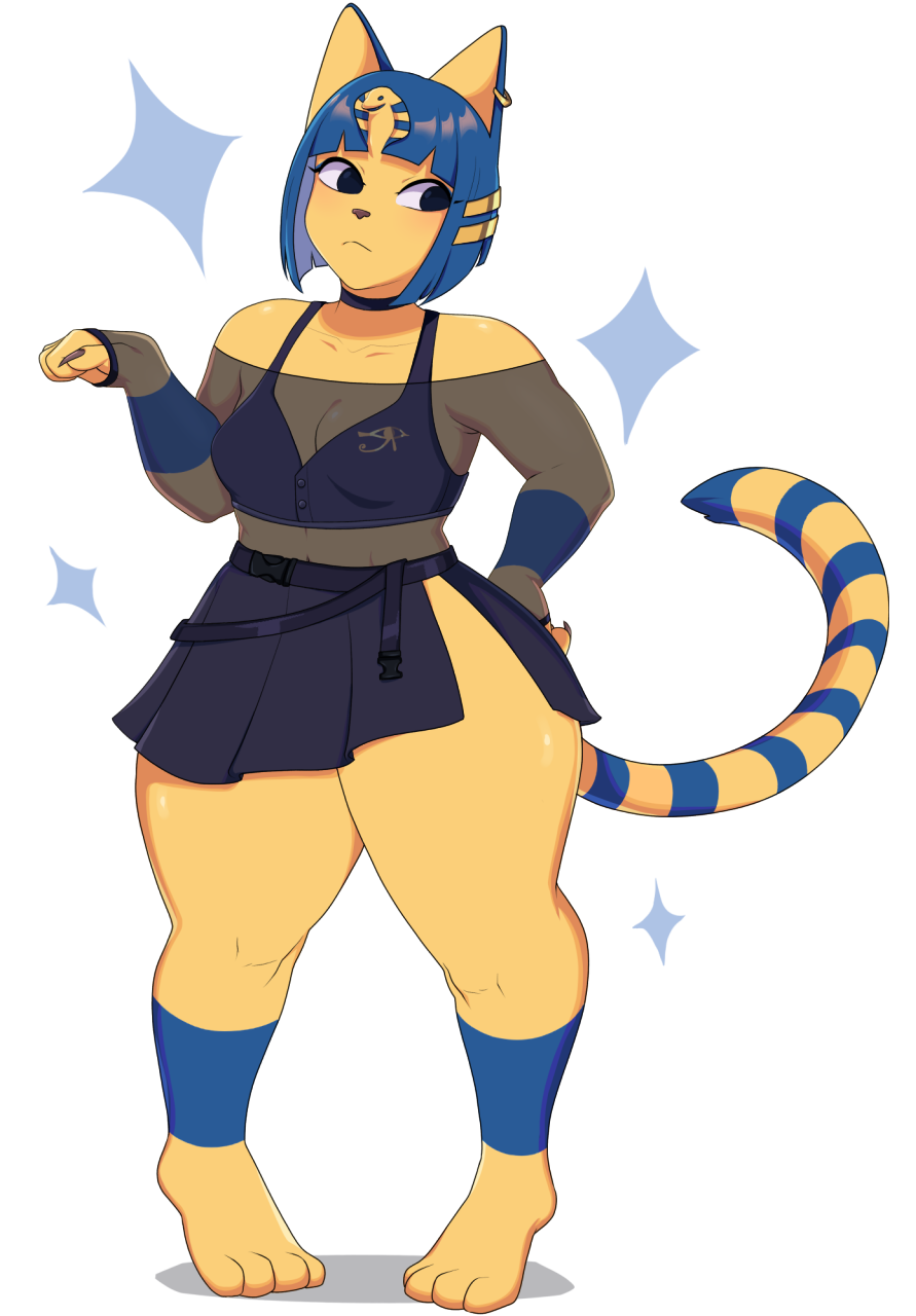 2021 animal_crossing ankha ankha_(animal_crossing) anthro barefoot black_eyes blue_hair cat_ears cat_tail claws cleavage clothed clothing dress feline female female_only furry hikikomoriamy huge_thighs humanoid nintendo solo solo_female sports_bra tail thick_thighs transparent_background yellow_fur