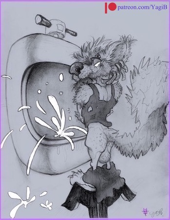 anthro bodily_fluids canid canine fox genital_fluids looking_at_viewer looking_back low_res male mammal peeing peeing_into_toilet rear_view solo standing toony unknown_character urinal urinating urinating_male urination urine urine_splatter urine_stream watersports yagi_b._(artist)