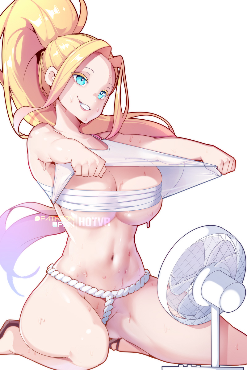 1girls beatrix_amerhauser blonde_hair blue_eyes breasts electric_fan fan german_female hotvr kneeling light-skinned_female light_skin solo sweat thighs zom_100:_zombie_ni_naru_made_ni_shitai_100_no_koto