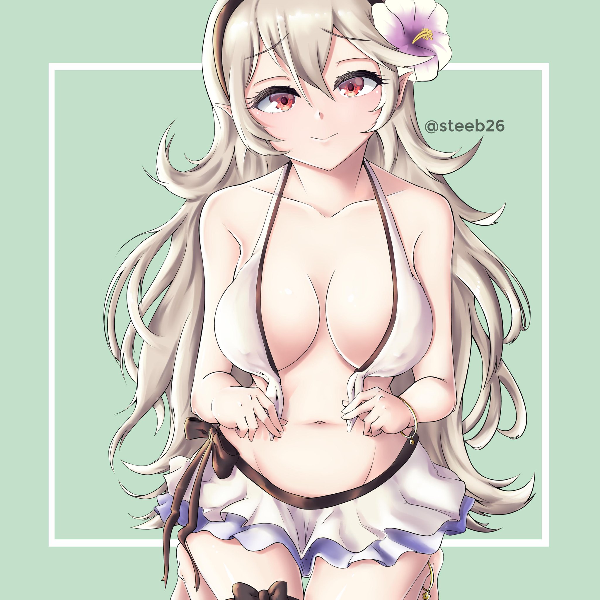 belly, boobs, breasts, cleavage, corrin (fire emblem), corrin (fire emblem) (female), female, fire emblem, fire emblem fates, fire emblem heroes, flower on head, happy, looking at viewer, manakete, miniskirt, nintendo, no bra, open shirt, red eyes, skirt, smiling, standing, steeb, topless, white hair, white skirt