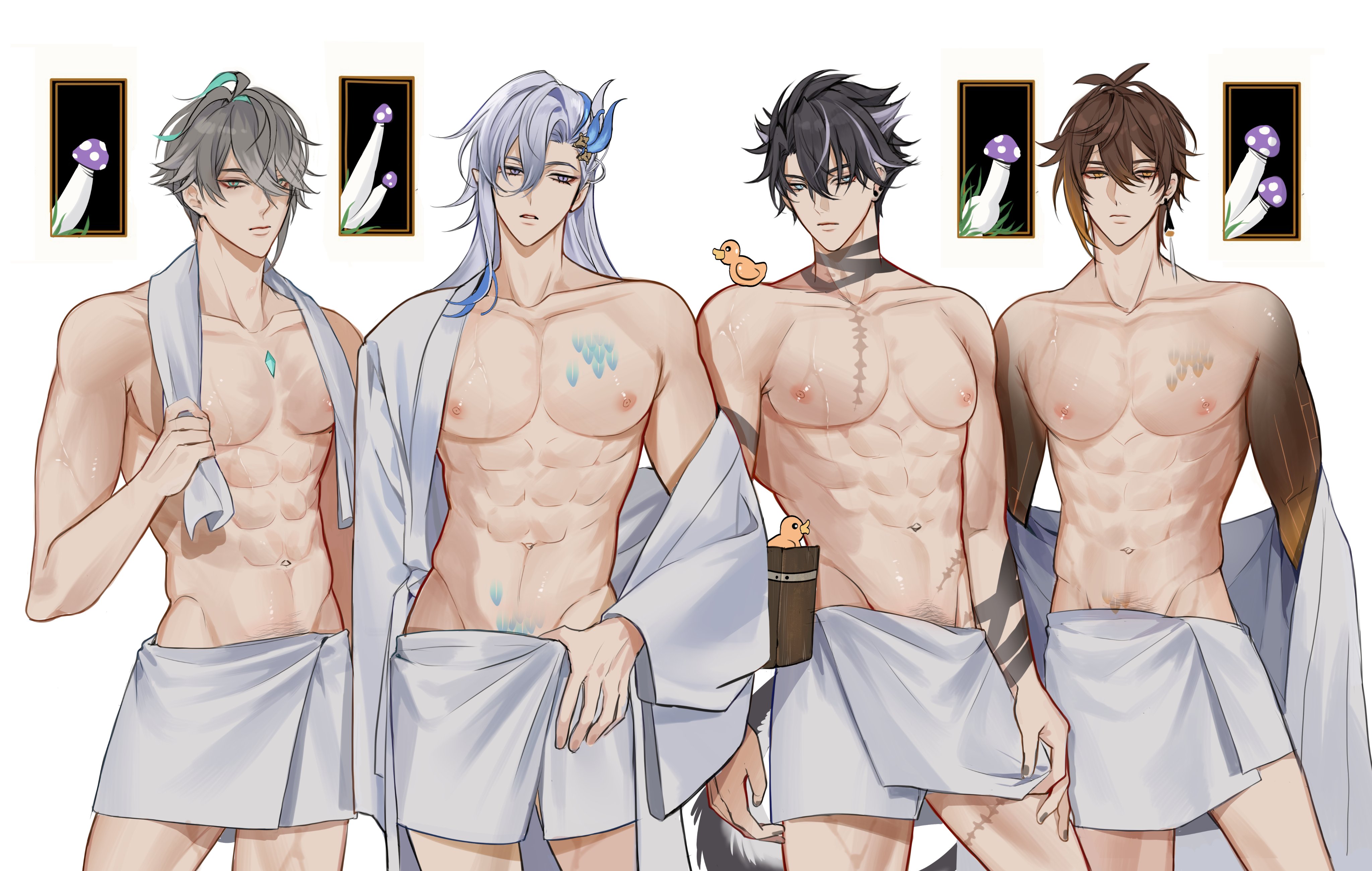 4boys, abs, absurdres, alhaitham (genshin impact), aqua hair, black hair, blue hair, brown hair, closed mouth, earrings, genshin impact, grey hair, hair between eyes, hair over one eye, highres, hoyoverse, jewelry, long hair, looking at viewer, male, male focus, male only, male with painted nails, mihoyo, multicolored hair, multiple boys, multiple males, muscular, muscular male, mushroom, navel, neuvillette (genshin impact), nipples, pnk crow, scar, short hair, single earring, size comparison, stomach, streaked hair, towel, towel around waist, white hair, wriothesley (genshin impact), yaoi, yellow eyes, zhongli (genshin impact)