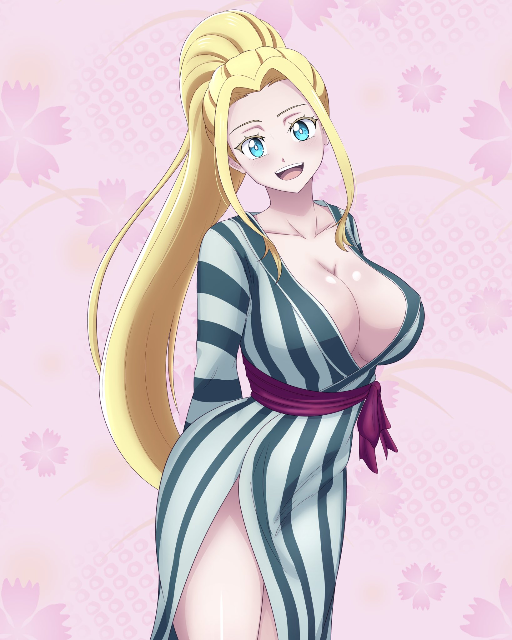 1girls, asian clothing, bathrobe, beatrix amerhauser, blonde hair, blonde-haired female, blue eyes, breasts, female, german female, light skin, light-skinned female, looking at viewer, sol matoi, solo, solo female, thighs, white female, zom 100: zombie ni naru made ni shitai 100 no koto