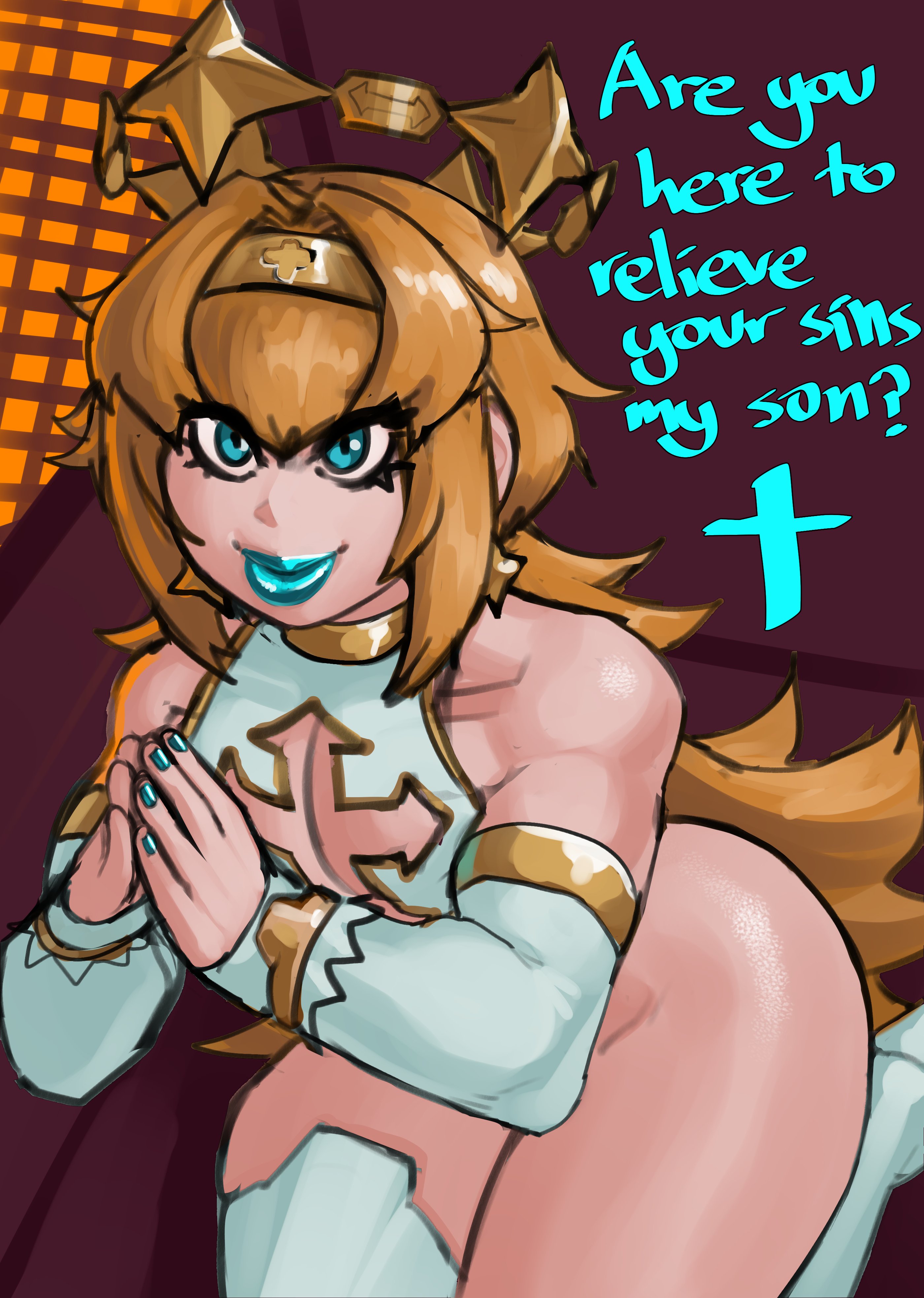 1boy, androgynous, angel, axred7, blue eyes, blue fingernails, blue lipstick, christianity, church, cleavage cutout, confession, confession booth, curvy, detached sleeves, dialogue, english text, femboy, feminine male, girly, halo, high heel boots, kneeling, kneeling oral position, lipstick, long hair, makeup, male, male only, nail polish, offscreen character, offscreen male, original, praying, sera (raylero oc), solo, text, thigh boots, trap, wide hips