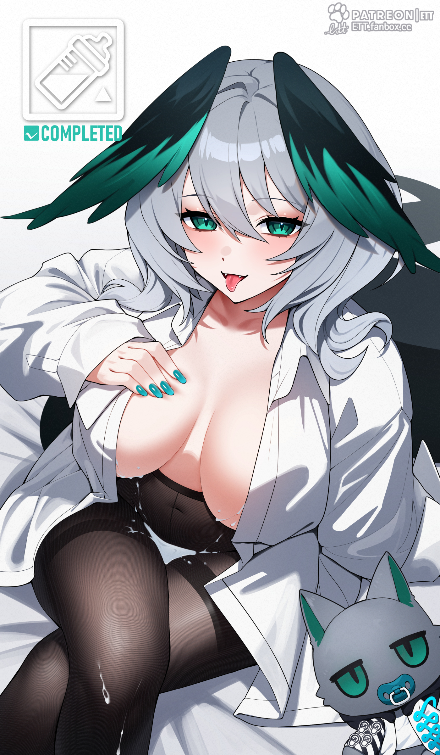 1girls, 2024, arknights, artist name, big breasts, blue nails, breasts, breasts out, cute fangs, ett, fangs, feathers, female, green eyes, grey hair, hi res, ho'olheyak (arknights), lactation, light skin, light-skinned female, looking at viewer, nail polish, no bra, open shirt, painted nails, pantyhose, signature, smile, solo, tagme, tongue, tongue out