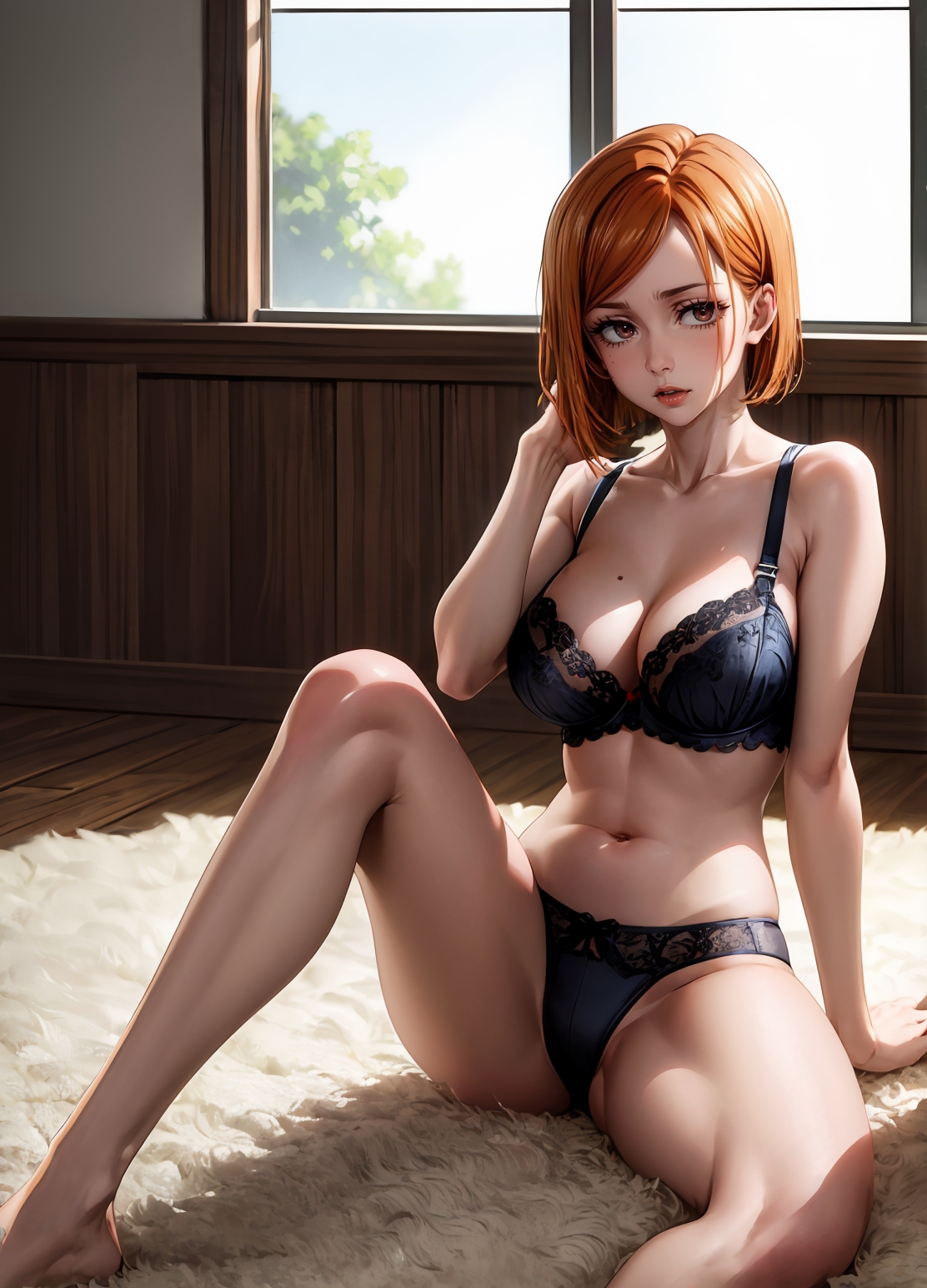 1girls, 2d, ai generated, ass, bare shoulders, big breasts, blush, bra, breasts, breasts bigger than head, brown eyes, brown hair, chest, completely nude, curvy, curvy figure, cute, detailed, eye contact, eyelashes, eyeshadow, female, female only, fit, fit female, focus, high quality, huge breasts, jujutsu kaisen, kugisaki nobara, large breasts, leaning back, light skin, light-skinned female, lingerie, lips, lipstick, makeup, mascara, medium hair, nai diffusion, nude, nude female, pale skin, pale-skinned female, panties, seductive, seductive look, short hair, sitting, stable diffusion, tagme, thick ass, thick legs, thick thighs, topless, uncensored