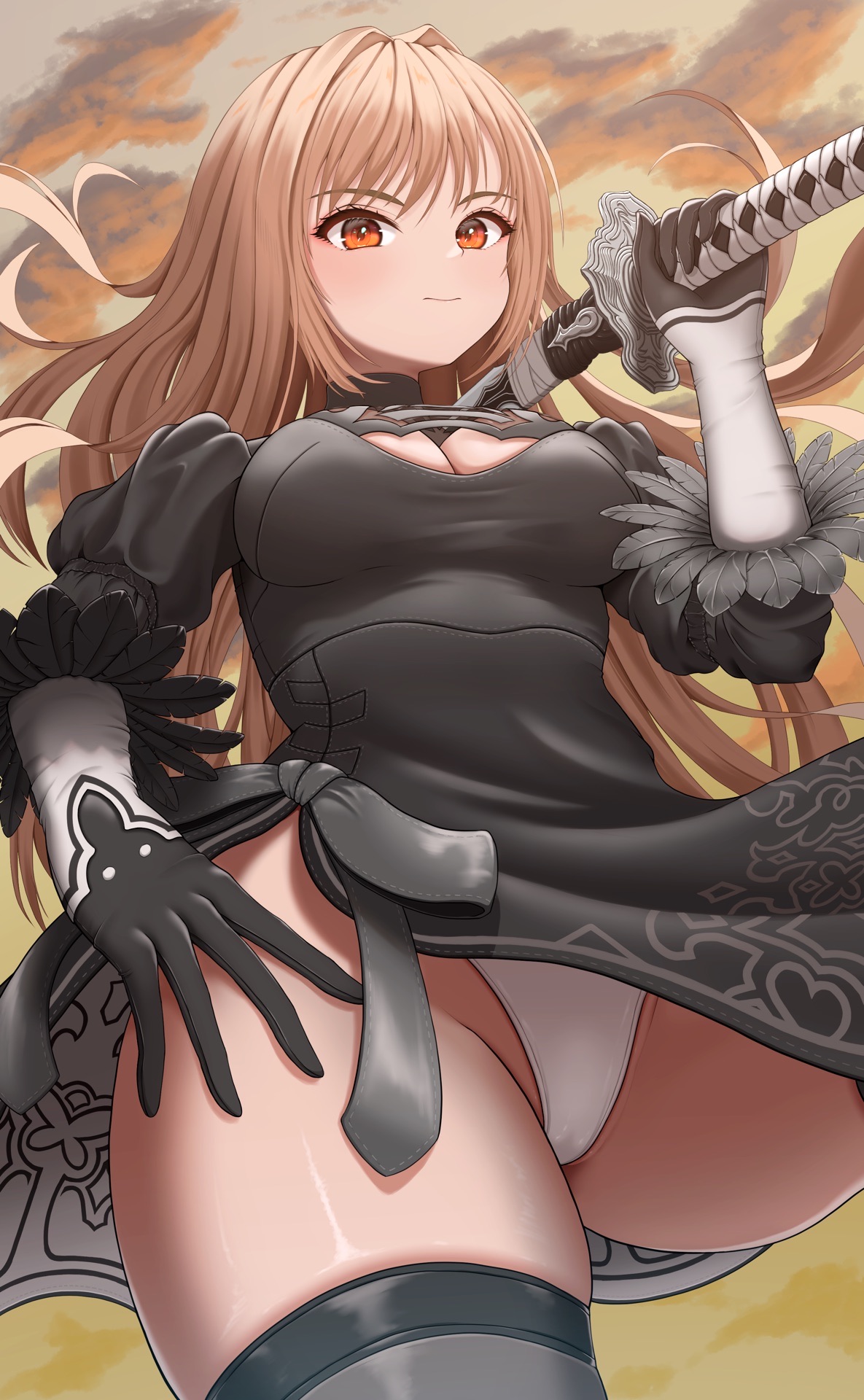 1girls, breasts, cameltoe, cleavage, cleavage window, confident, confident smile, cosplay, female, female only, from below, fully clothed, goddess of victory: nikke, hibiki nishino, holding katana, holding object, huge thighs, katana, large breasts, leotard, light skin, light smile, light-skinned female, long hair, low-angle view, nier: automata, nishino hibiki, nishinokyo, pantyshot, pussy, rapi (nikke), revealing clothes, smile, solo, stockings, sword, thick thighs, voice actor connection, wide hips, yorha 2b, yorha 2b (cosplay)