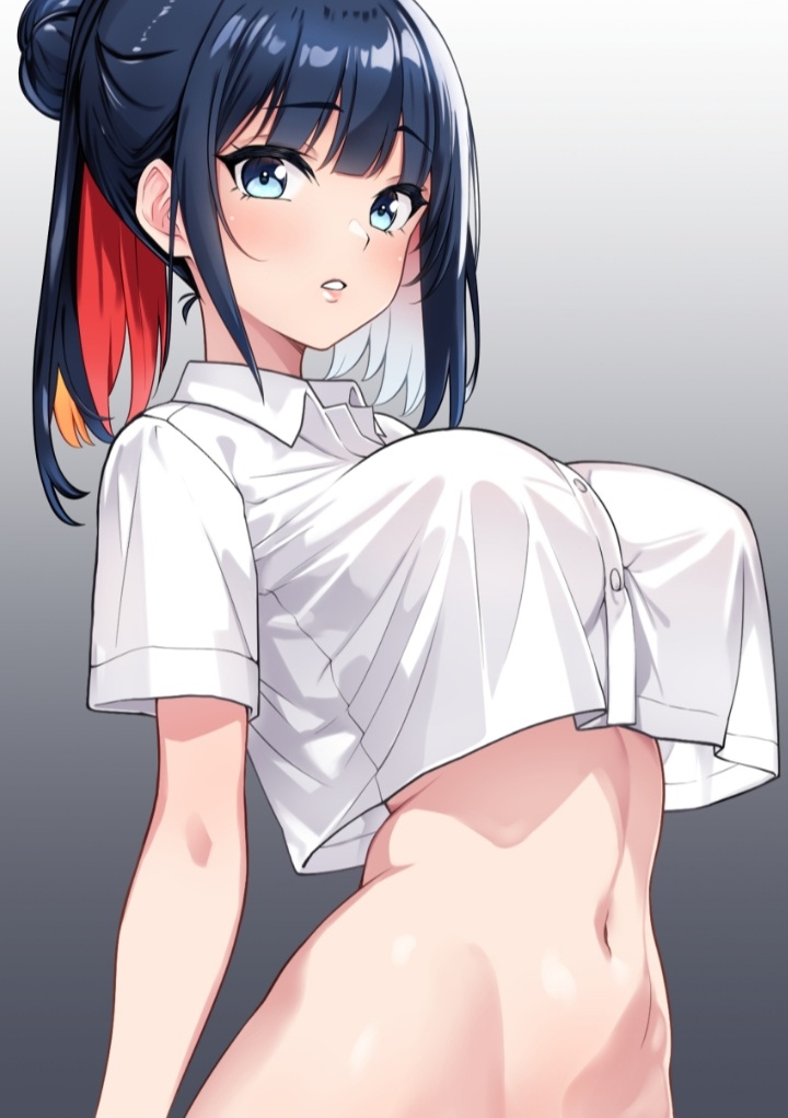 belly belly_button big_breasts black_hair blue_eyes bottomless button_down_shirt collared_shirt crop_top curvy curvy_body curvy_female curvy_figure cute looking_at_viewer original original_character perky_breasts red_hair round_breasts thighs white_hair white_shirt wreath_(lit) yellow_hair