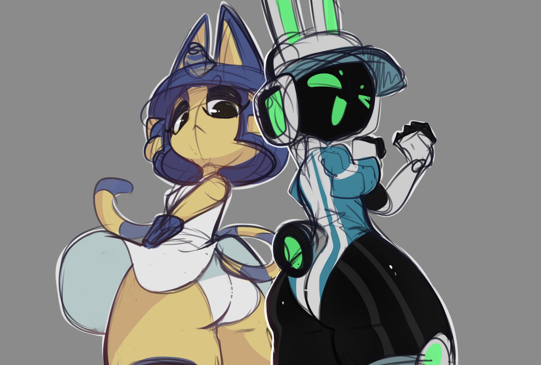 animal crossing, ankha, ass, ass focus, back view, black body, blue hair, bodysuit, bunny ears, bunny girl, bunny tail, cat ears, cat girl, cat tail, dress, glowing, glowing eyes, green eyes, imerald , looking at viewer, looking down, makeup, panties, project turboblast, robot, robot girl, robot humanoid, short hair, small breasts, stockings, tagme, tempo (project turboblast), thick thighs, viewed from below, wide hips, yellow fur