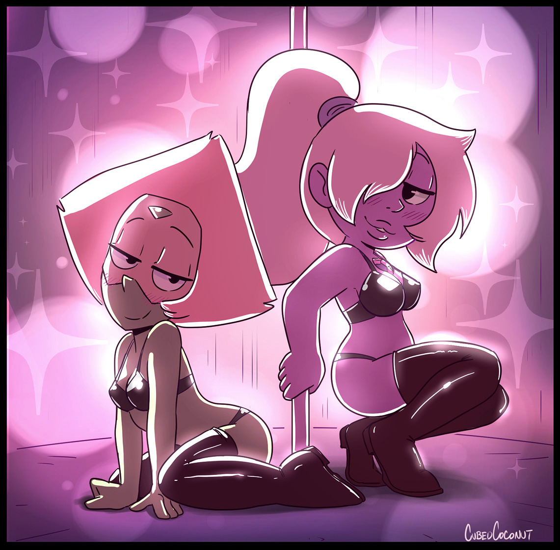 2girls, amethyst (steven universe), blonde hair, cubedcoconut, female, female only, green skin, hair over one eye, latex, latex thighhighs, peridot (steven universe), purple skin, steven universe, stripper, stripper pole, white hair