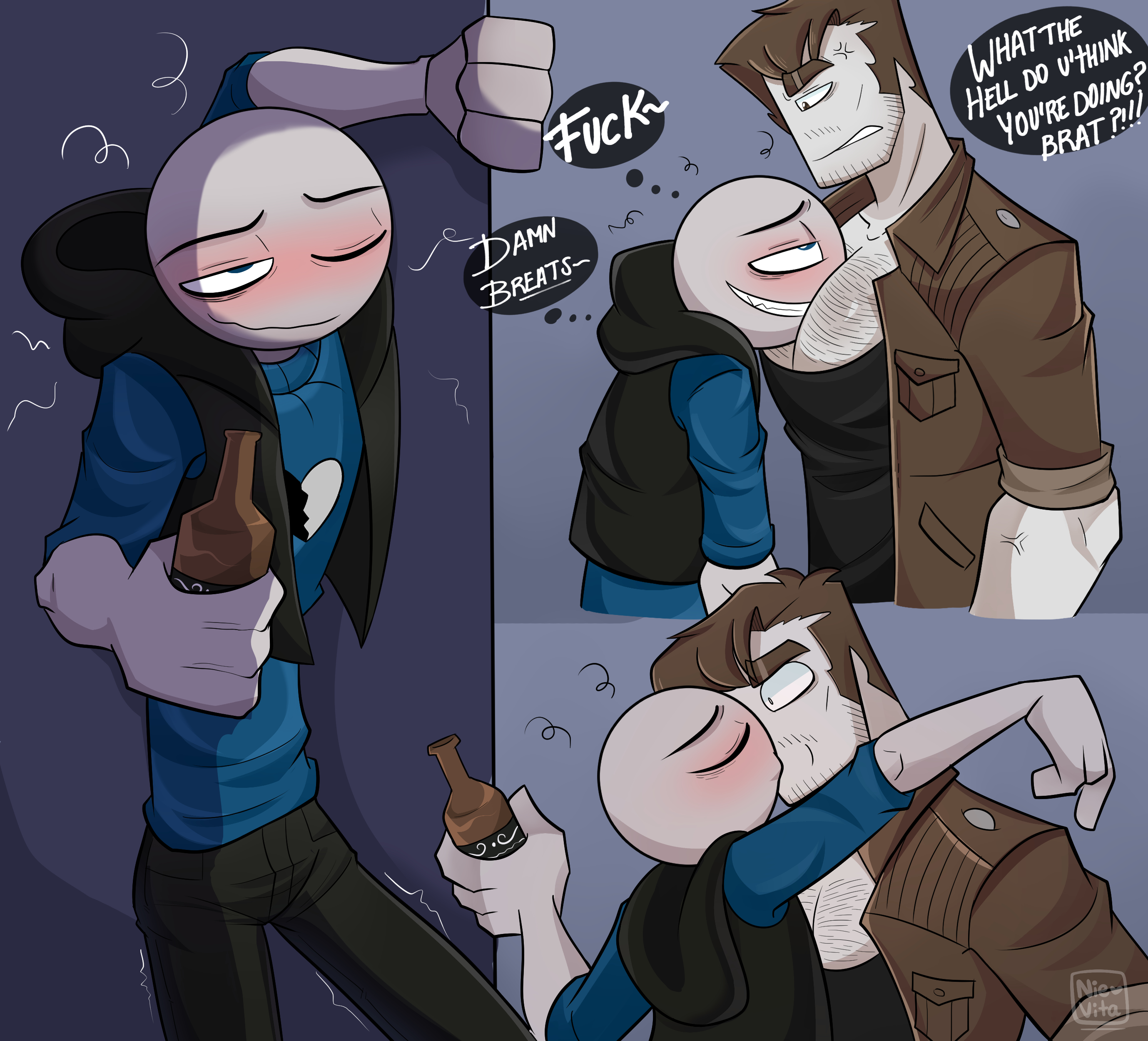 2boys, alcohol, alcohol bottle, alcoholic beverage, alcoholic drink, beard, beard stubble, beverage, beverage bottle, big muscles, blush, blushing male, blushing profusely, bottle, bottle in hand, brown eyes, brown hair, brown hair male, don (your boyfriend), drunk, drunk blush, drunk male, face in breasts, face in pecs, facial hair, facial stubble, gay, gay kiss, gay kissing, gay male, holding alcohol, holding alcohol bottle, holding beverage, holding bottle, holding drink, intoxicated, inverted mind inc, kiss, make out, making out, male kissing male, male only, male/male, men kissing, muscular, muscular male, mustache, mustache stubble, nievita, peter (your boyfriend), surprise, surprised expression, surprised eyes, surprised face, surprised look, surprised reaction, unexpected kiss, yaoi, your boyfriend (game)