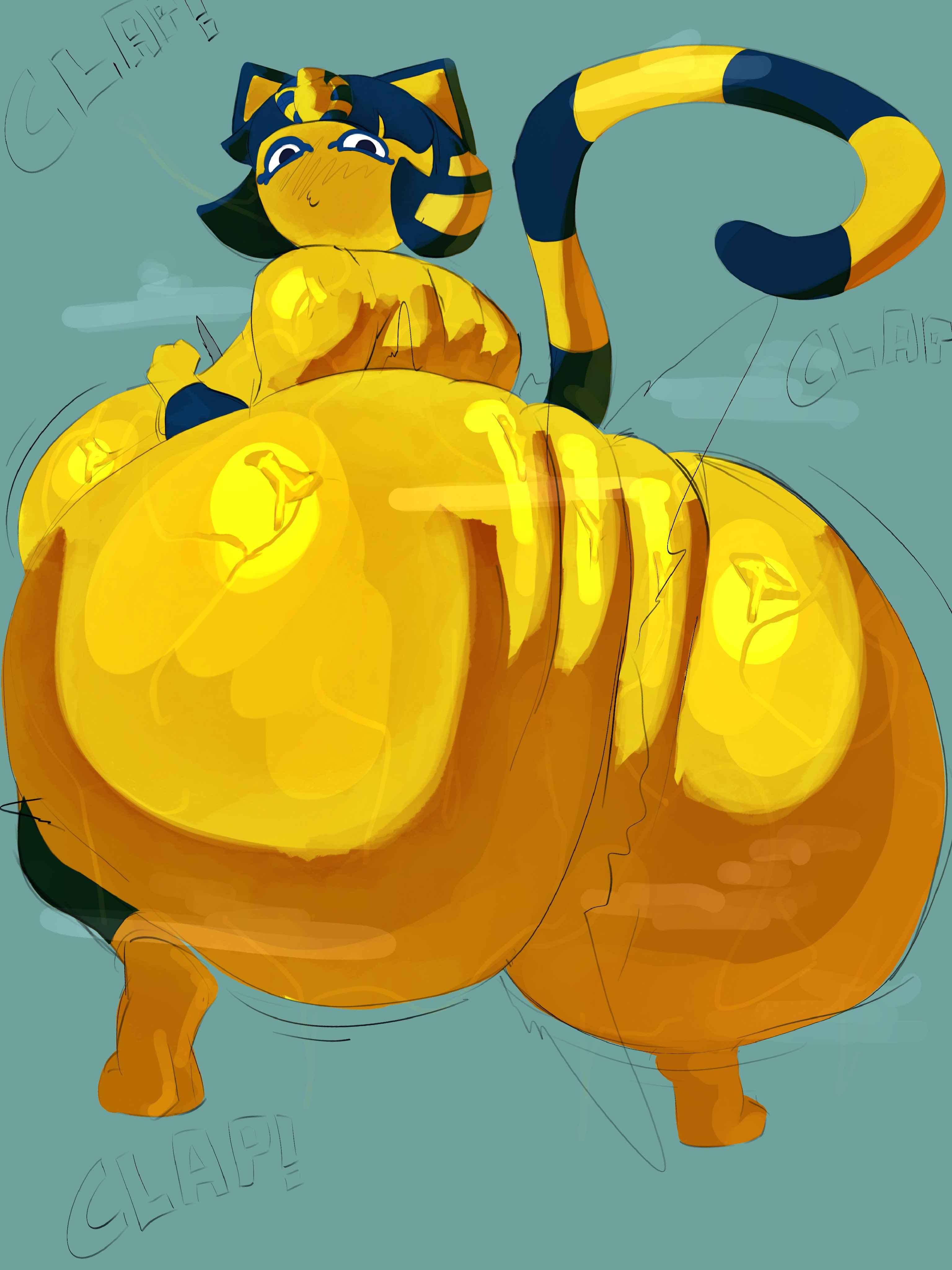 1girl, 1girls, 2026, adawndraws, animal crossing, ankha, ankha (animal crossing), ass, ass focus, ass waves, back view, barefoot, big ass, big breasts, blue markings, breasts, cat, cat ears, cat tail, catgirl, clapping ass, clapping cheeks, completely nude, completely nude female, digital art, digital drawing (artwork), digital media, digital media (artwork), fat ass, feline, female, female focus, female only, full body, huge ass, huge breasts, hyper, hyper ass, looking at viewer, looking back, looking back at viewer, naked, naked female, nude, nude female, onomatopoeia, solo, solo female, tagme, twerking, yellow, yellow body, yellow skin