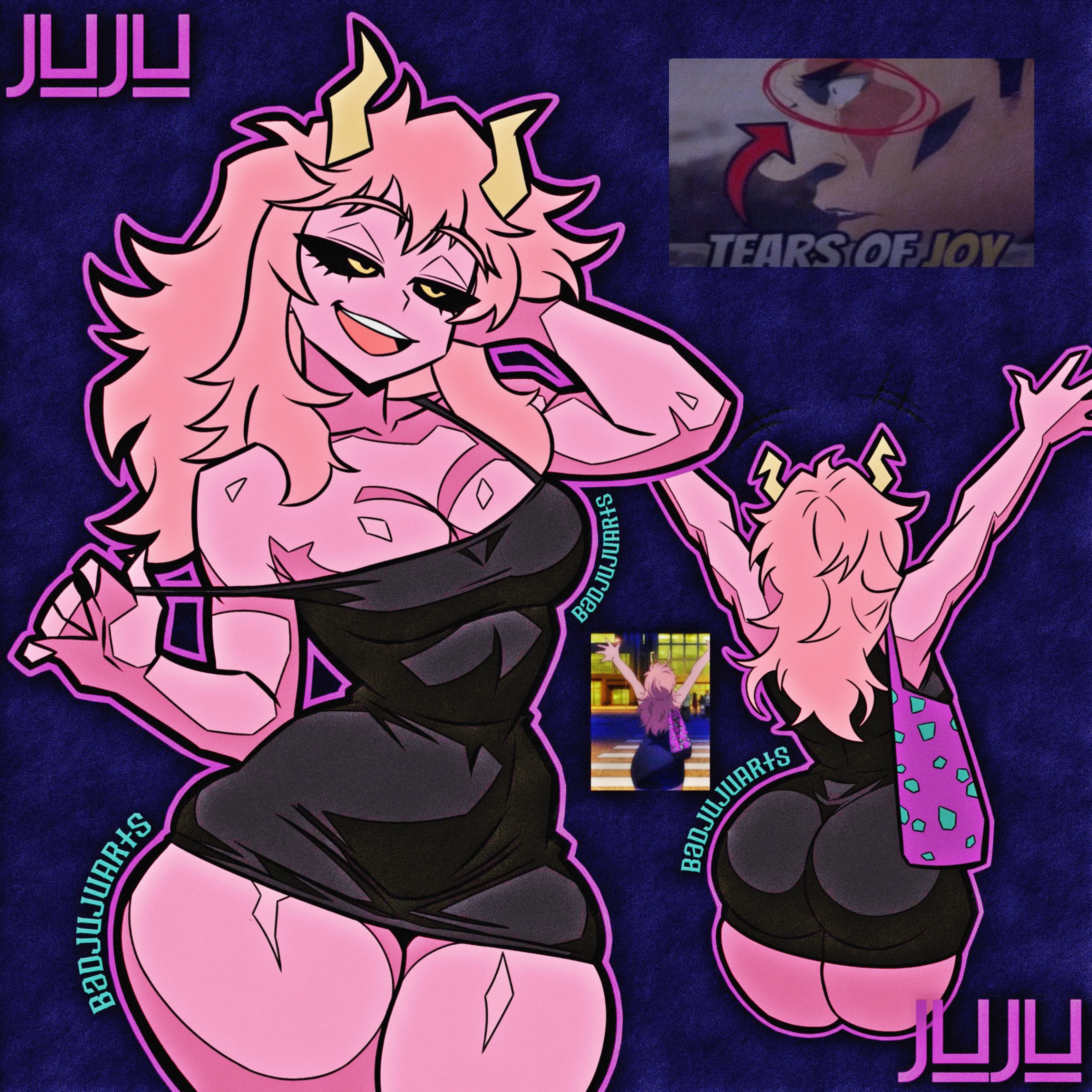 1girls, arms up, ass, ass focus, ass of the gods, badjujuarts, bag, big ass, breasts, bubble butt, clothing, dress, dumptruck ass, female, female focus, female only, from behind, horns, huge ass, little black dress, long hair, mina ashido, my hero academia, my hero academia (finale), pink body, pink hair, pink skin, post-timeskip, solo, solo female, solo focus, spankable ass, superheroine, thick, thick ass, thick thighs, yellow eyes