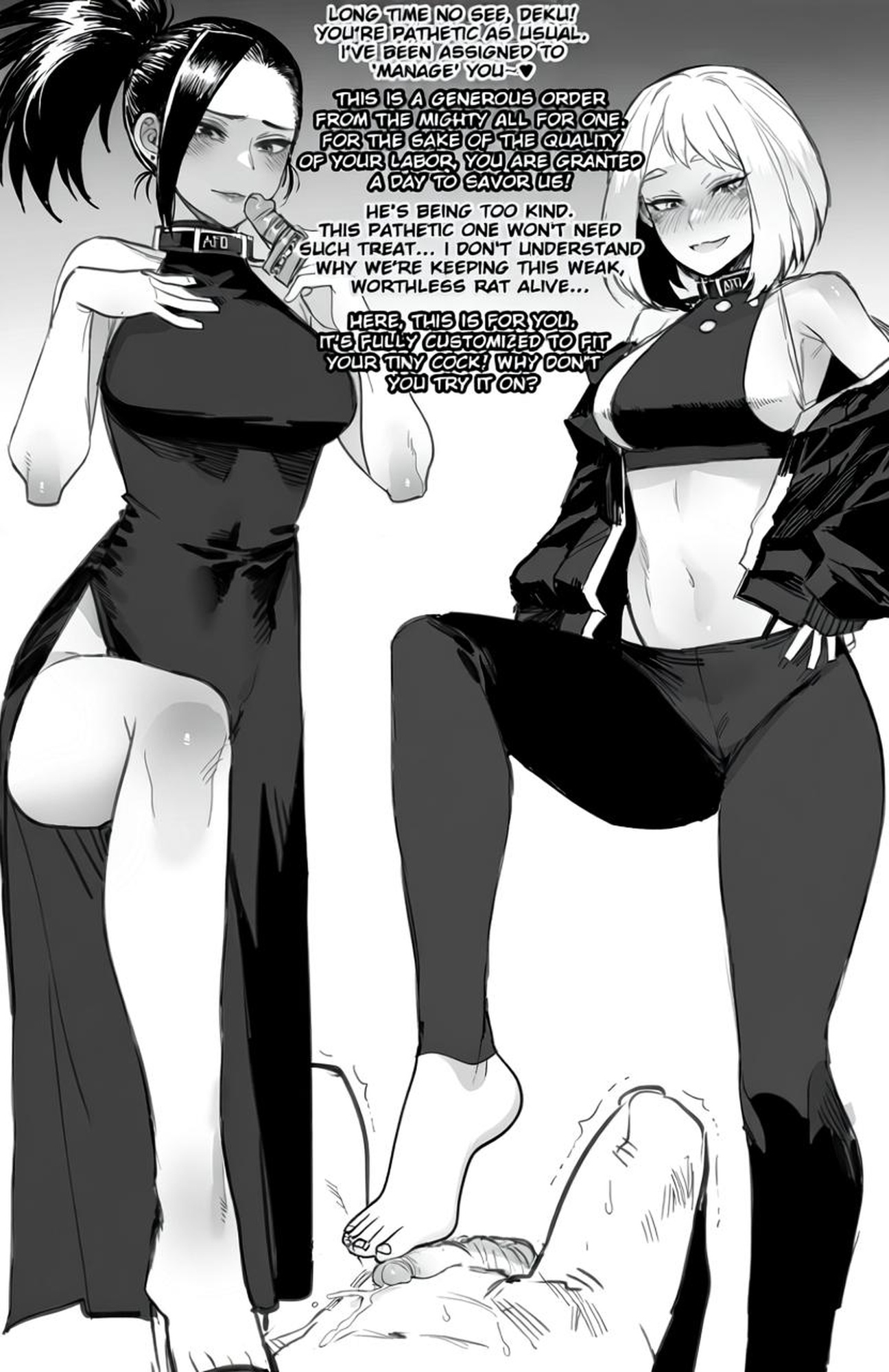 1boy, 2026, 2d, 2girls, ai generated, ass, asserting dominance, assertive, assertive female, bad end, barefoot, betrayal, big ass, breasts, chastity, chastity cage, chastity device, cooperative footjob, cumming, defeated, defeated hero, defeated heroine, defeated male, denki anma, dialogue, dominant female, domination, dress, dubious consent, edited, female, femdom, foot domination, foot fetish, foot focus, footjob, greyscale, huge breasts, human, humiliation, izuku midoriya, light skin, light-skinned female, light-skinned male, male, male chastity, malesub, momo yaoyorozu, monochrome, mr.skull, my hero academia, name on collar, ochako uraraka, penis, ratatatat74, ruined orgasm, small penis, small penis humiliation, standing footjob, stepped on, stepping on penis, teamwork, teamwork (sexual), text, thick thighs, utter domination, victorious villain, villain, villainess, villainess on hero, weak, weak male, white background