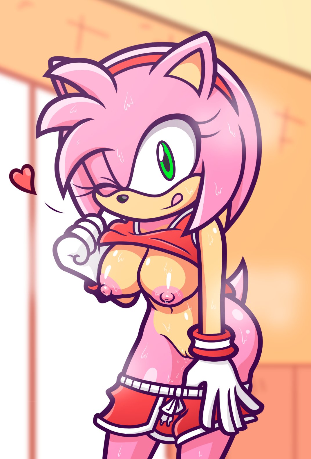 1girls, amy rose, anthro, exposed breasts, female, female only, furii (artist), gloves, green eyes, hedgehog, pink hair, sonic the hedgehog (series), sweating, tail, tounge out, wink, wristband