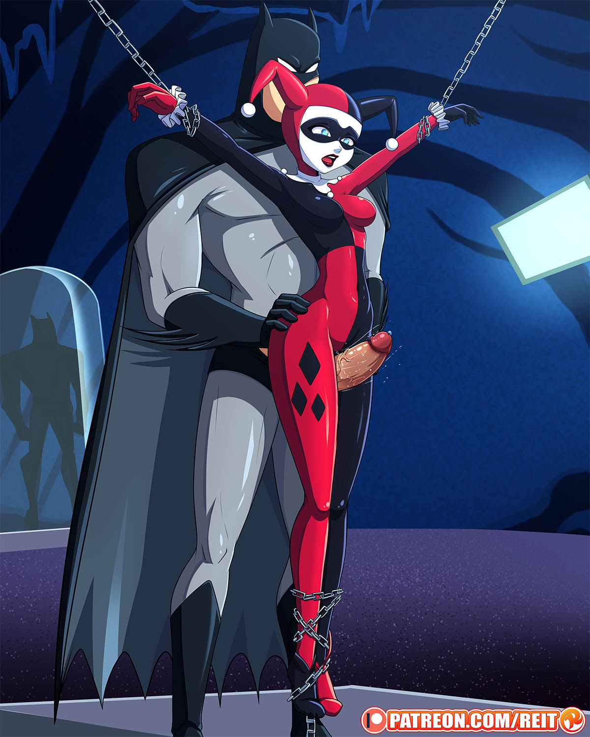 1boy, 1girls, background, batman, batman (bruce wayne), batman (series), batman: the animated series, blue eyes, bruce wayne, chains, dc, dc comics, dcau, female, grinding, harley quinn, harley quinn (classic), hat, latex, male, maledom, patreon, rape, reit, spandex, superhero, superhero costume, thigh sex, tied, tied up, villain