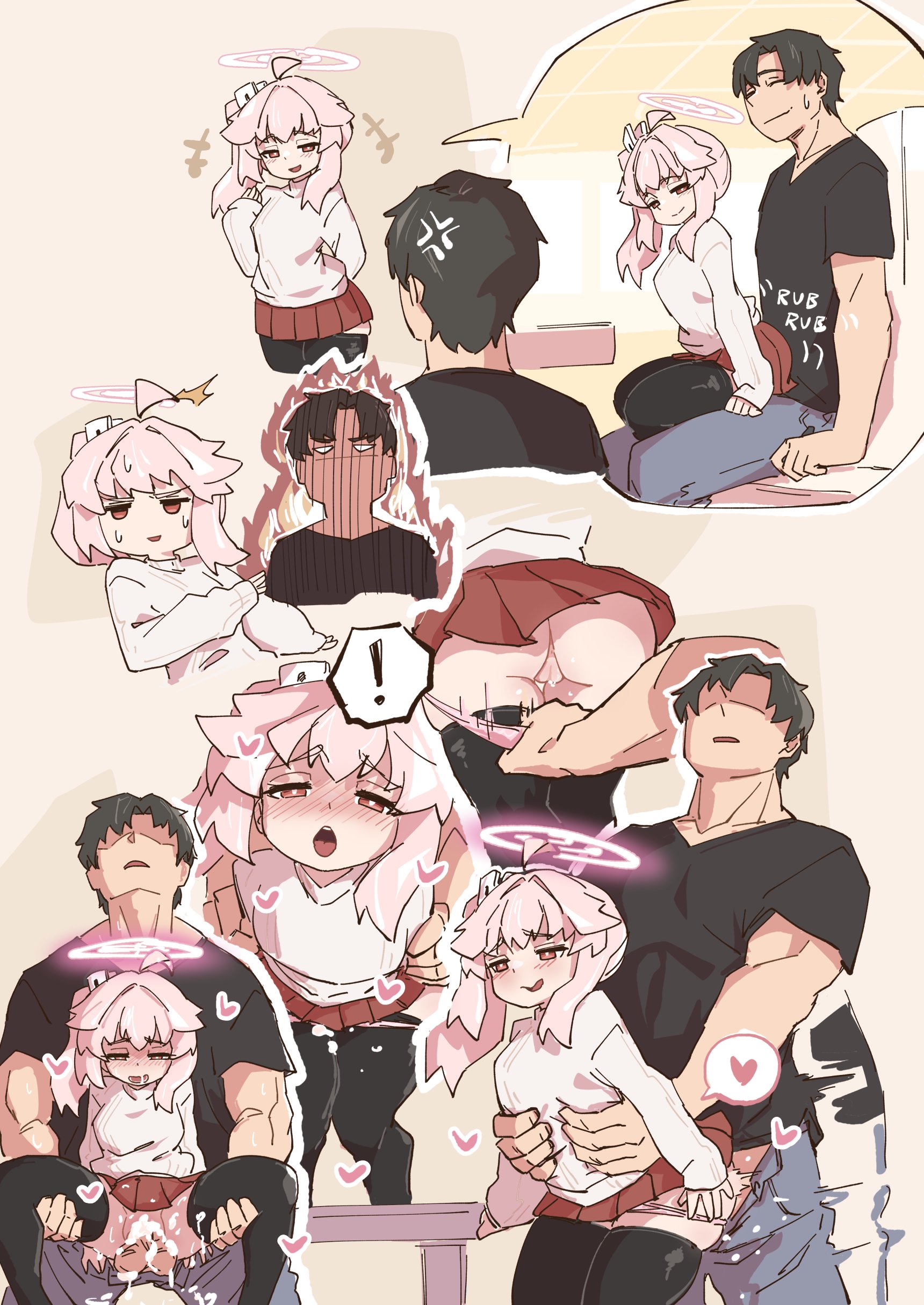 1boy, 1girls, blue archive, blush, creampie, cum, cum in pussy, cum inside, doggy style, female, from behind, halo, mabufuyo, natsu (blue archive), panties, panties down, penetration, penis, pink hair, pussy, removing panties, sex, teasing, thighhighs, trinity general school student