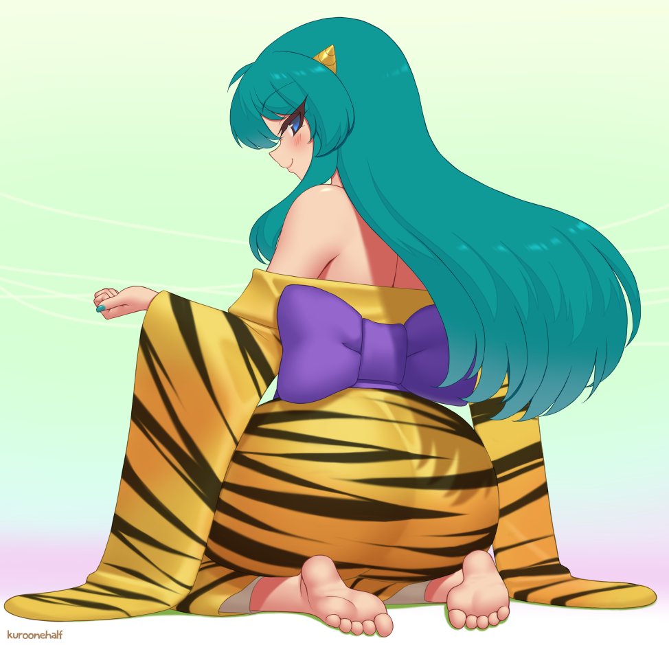 1girls 2019 ass back back_view barefoot big_ass blue_eyes blush bottom_heavy breasts feet female fully_clothed green_hair horns kuroonehalf light-skinned_female light_skin long_hair looking_back lum oni oni_horns pointy_ears princess simple_background skin_tight smile solo tiger_print urusei_yatsura