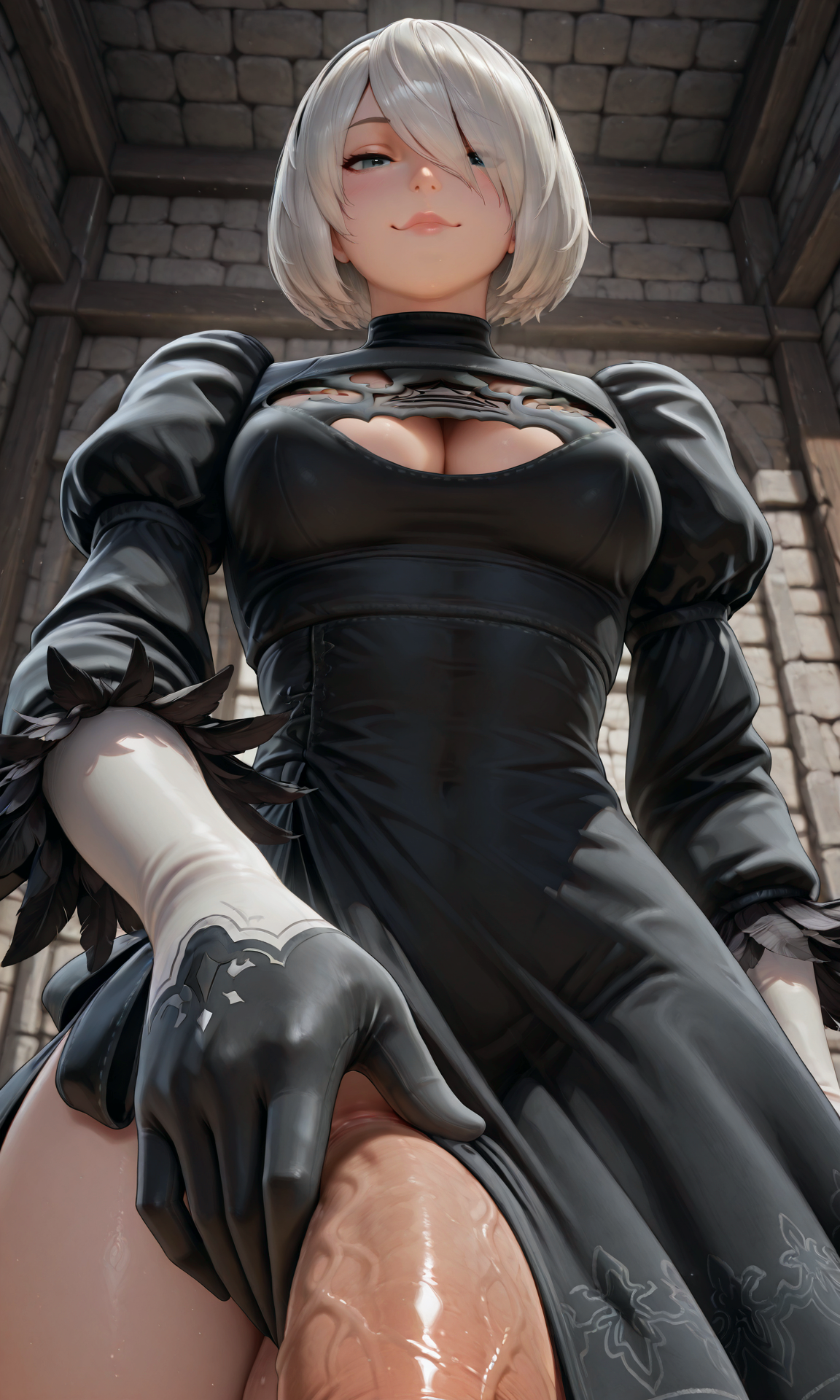1futa, ai generated, balls, big penis, black dress, blowjob, blowjob pov, blue eyes, breasts, cleavage, cleavage cutout, dickgirl, dress, erection, fellatio, fellatio pov, from below, futa only, futanari, gloves, hand on penis, intersex, jamesbron, large penis, looking at viewer, low-angle view, nier: automata, no panties, penis, short hair, smug, solo, solo futa, taker pov, thighs, white hair, wide hips, yorha 2b