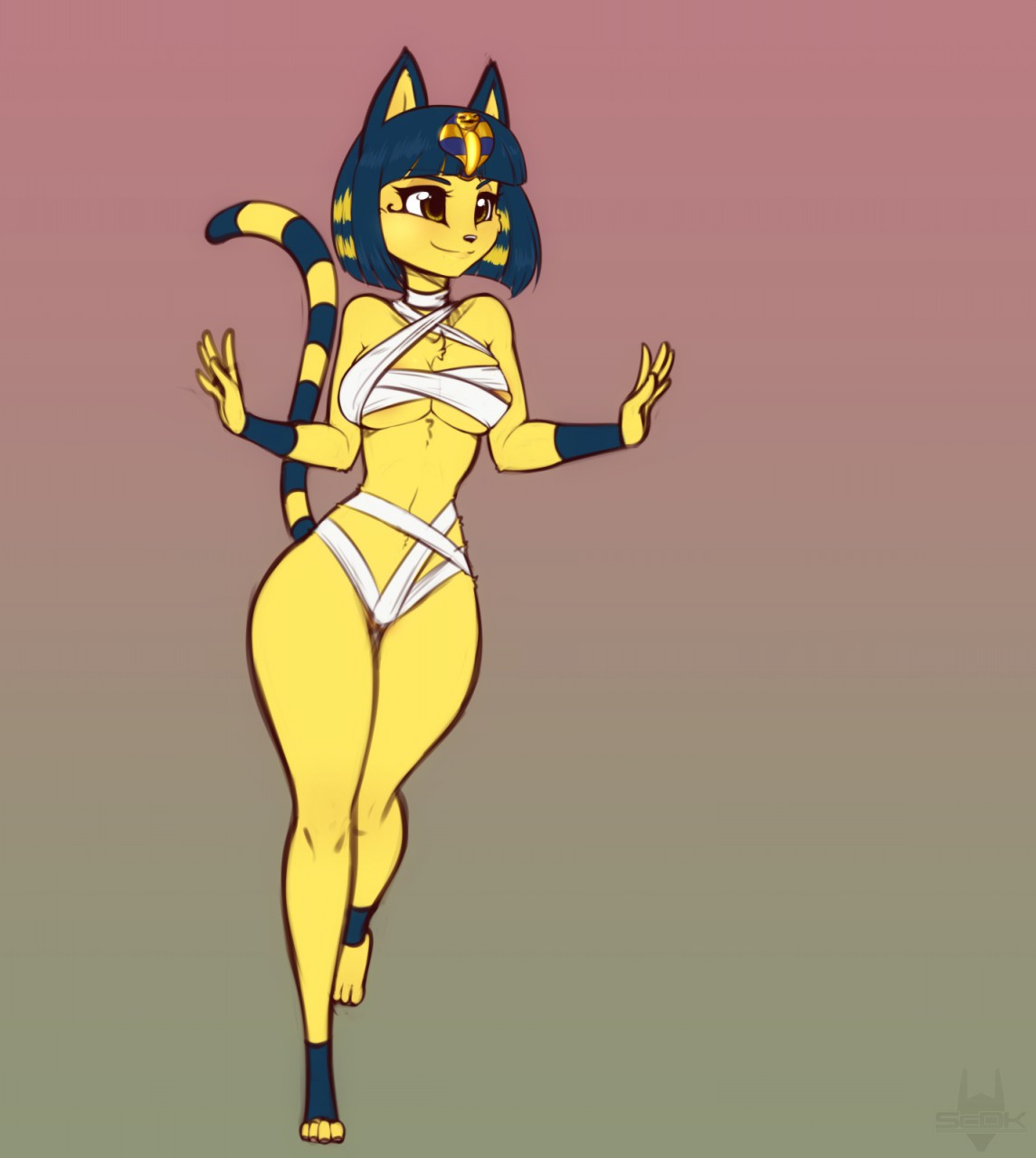1girls, 2018, 4 toes, animal crossing, ankha, anthro, bandage, big eyes, blue hair, breasts, brown background, brown eyes, chest tuft, chest wraps, clothed, clothing, egyptian, eyelashes, eyeshadow, feet, feline, female, female only, fur, gradient background, hair, hi res, looking away, makeup, mammal, nintendo, paws, pose, scorpdk, simple background, sketch, skimpy, smile, solo, standing, striped tail, stripes, tail, text, thick thighs, tuft, uraeus, video games, watermark, wide hips, yellow body, yellow eyes, yellow fur