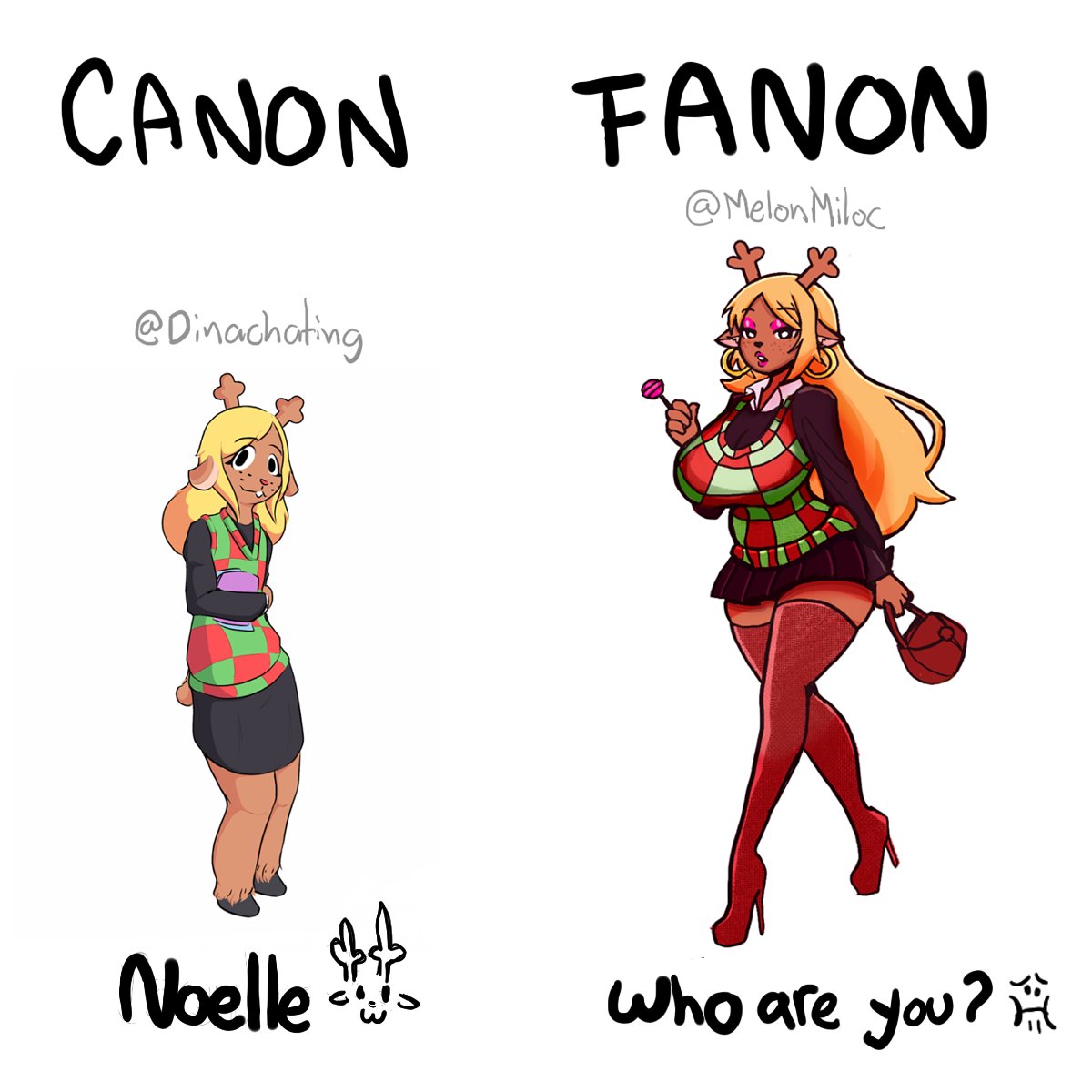 1girls, animal ears, anthro, antlers, argyle, bimbo, blonde hair, brown fur, canon vs fanon, canon vs fanon (meme), clothing, curvy, deer girl, deltarune, digital media, eyeshadow, freckles, full body, furry, handbag, high heels, highres, hoelle, hoop earrings, horns, large breasts, lipstick, lollipop, long hair, looking at viewer, makeup, melonmiloc, meme, miniskirt, noelle holiday, pink eyes, plaid sweater, pleated skirt, prostitute, red thigh highs, reindeer girl, solo, solo female, standing, sweater, thick thighs, thigh highs, undertale, undertale (series), white background