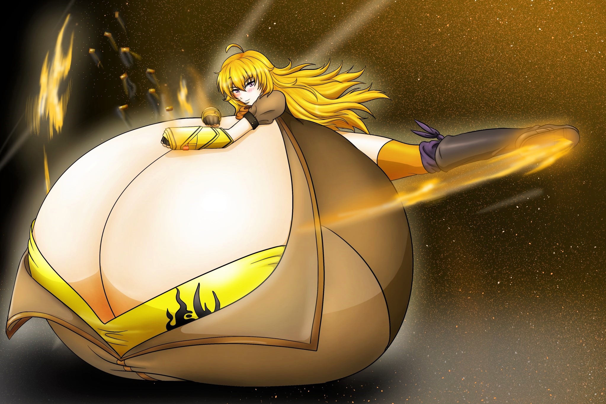 1girls, breast expansion, breast growth, breast growth (enlargement), breasts, cleavage, escapefromexpansion, female, female only, fire, huge breasts, hyper, hyper breasts, posing, rwby, yang xiao long