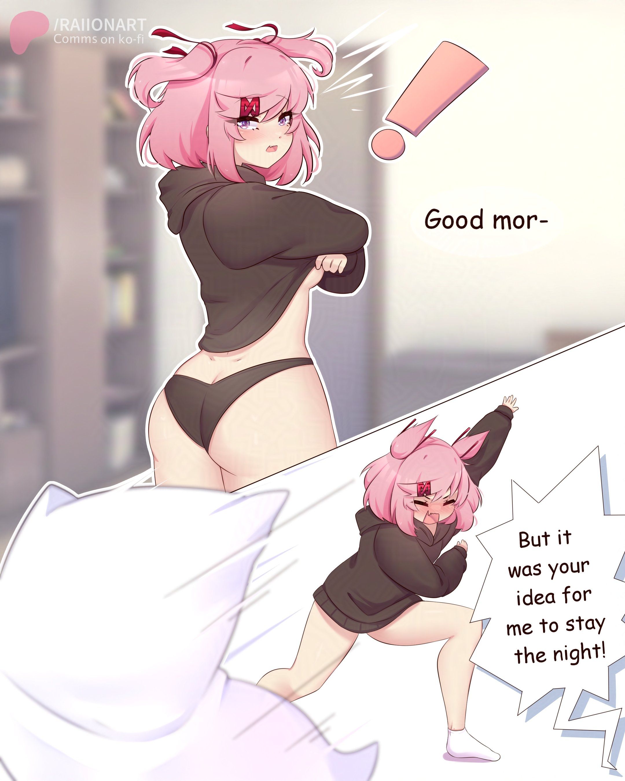 !, 1girls, angry, angry expression, angry face, ass, ass focus, blush, doki doki literature club, embarrassed, embarrassed expression, embarrassed female, female, female only, natsuki (doki doki literature club), panties, pillow, raionart, shy, small ass, small waist, solo, thong, throwing, throwing object, throwing pillow, undressing