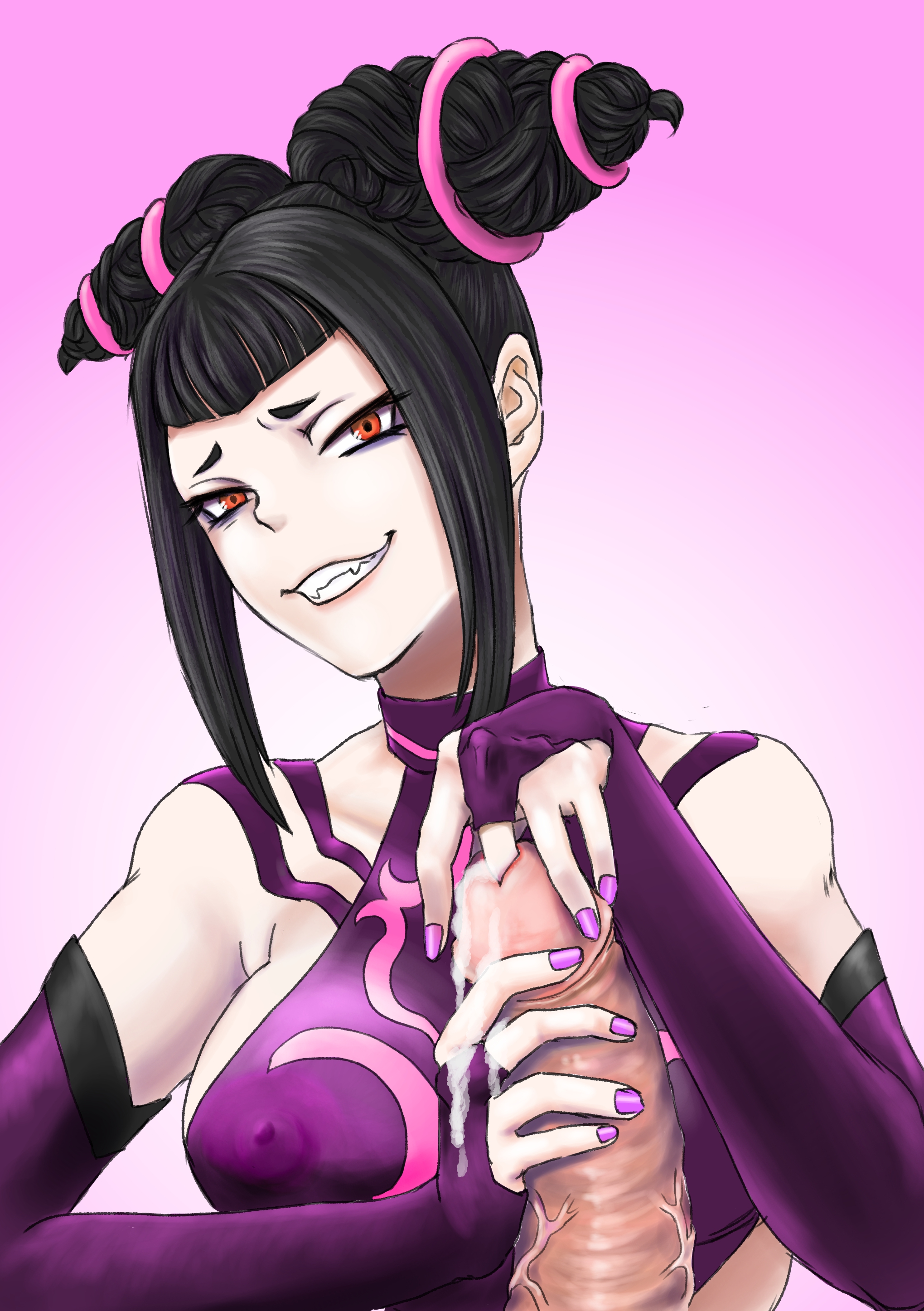 black hair, bullying, cb350four, domination, erect nipples, female, femdom, juri han, male, male urethral insertion, muscles, nail polish, nipples, penile urethral insertion, penis, red eyes, see-through, smile, street fighter, tsundere, urethra, urethral insertion