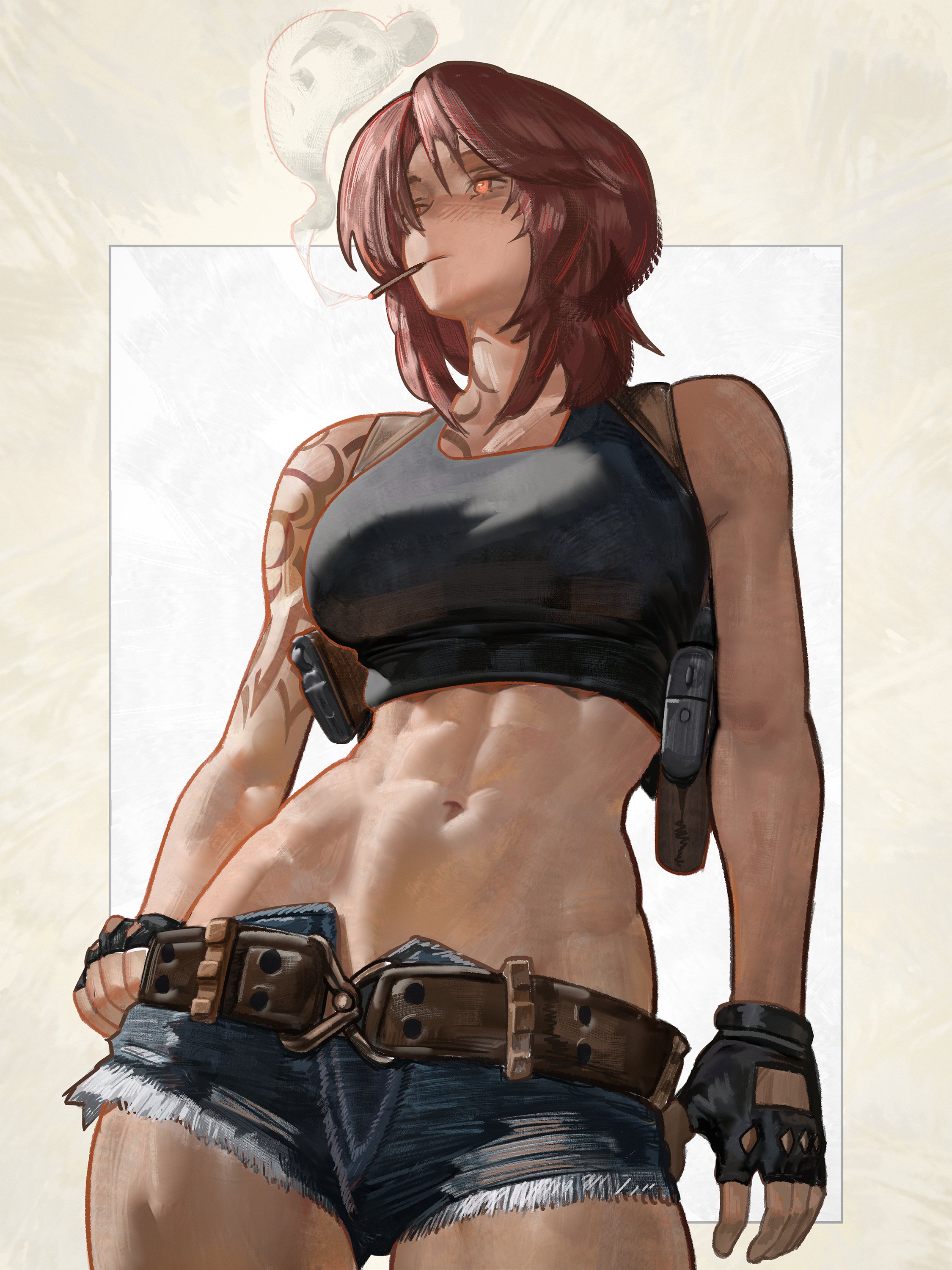 1girls, abs, amber eyes, belly, belly button, belt, big breasts, black lagoon, breasts, cigarette, female, female focus, female only, fit, fit female, gloves, guns, long hair, midriff, muscular, muscular female, navel, revy, short shorts, shorts, smoking, solo, solo female, solo focus, standing, stomach, tagme, tank top, tattoo, toned, toned female