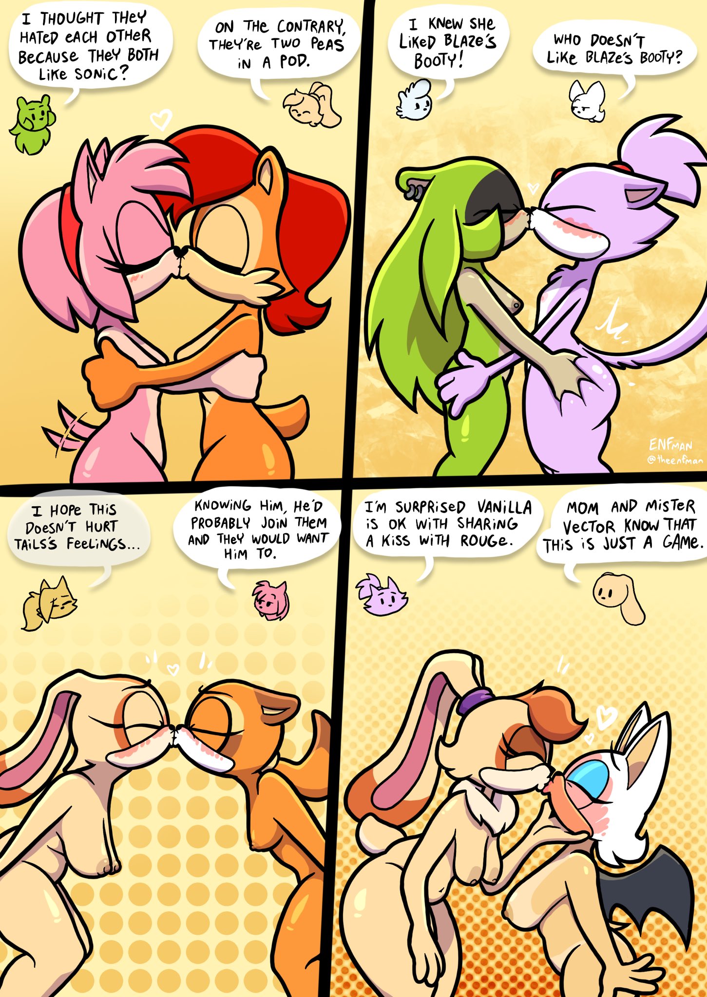 2026, 2d, amy rose, ass, ass grab, bat, bat girl, bat humanoid, bat wings, big ass, big breasts, big butt, blaze the cat, blush, breasts, brown fur, brown nipples, cat girl, cat humanoid, cat tail, closed eyes, colored, comic, cream fur, cream the rabbit, dialogue, digital drawing (artwork), ear piercing, earrings, embarrassed, embarrassed nude female, eyelashes, feline, female, female only, flat chest, flat chested, forehead jewel, fur, furry, furry female, furry only, green fur, hair down, hairband, hedgehog, hedgehog girl, hedgehog humanoid, hugging, humanoid, idw comics, jewel, kissing, lesbian kiss, long ears, long hair, mammal, mammal humanoid, marine the raccoon, medium breasts, milf, mobian (species), mother, naked, naked female, nipples, non-human, nude, nude female, nudity, older female, orange fur, party, pink fur, pink nipples, pinup, ponytail, punk, punk girl, purple fur, rabbit, rabbit ears, rabbit girl, rabbit humanoid, rabbit tail, raccoon, raccoon girl, raccoon humanoid, red hair, red hairband, rouge the bat, sally acorn, sega, small breasts, sonic (series), sonic the hedgehog (archie), sonic the hedgehog (comics), sonic the hedgehog (idw), sonic the hedgehog (series), speech, speech bubble, surge the tenrec, tail, tail wagging, tailwag, taller female, tangle the lemur, tenrec, text, theenfman, vanilla the rabbit, whisper the wolf, younger female, yuri